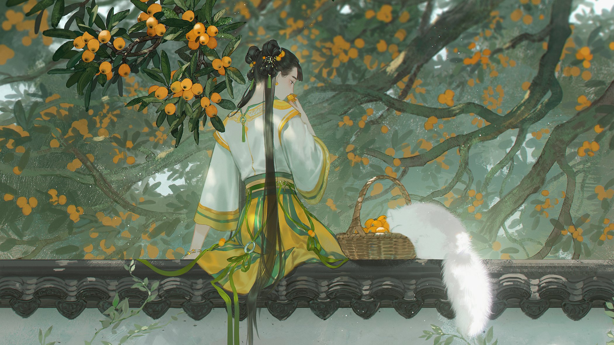 Anime 2100x1181 anime girls rear view Chinese clothing trees anime girls eating eating fruit animals cats long hair odango hairbun baskets looking below twintails dappled sunlight vines black hair jewelry rooftops sitting branch traditional clothing women outdoors outdoors zzzi gn hair ornament leaves orange (fruit)