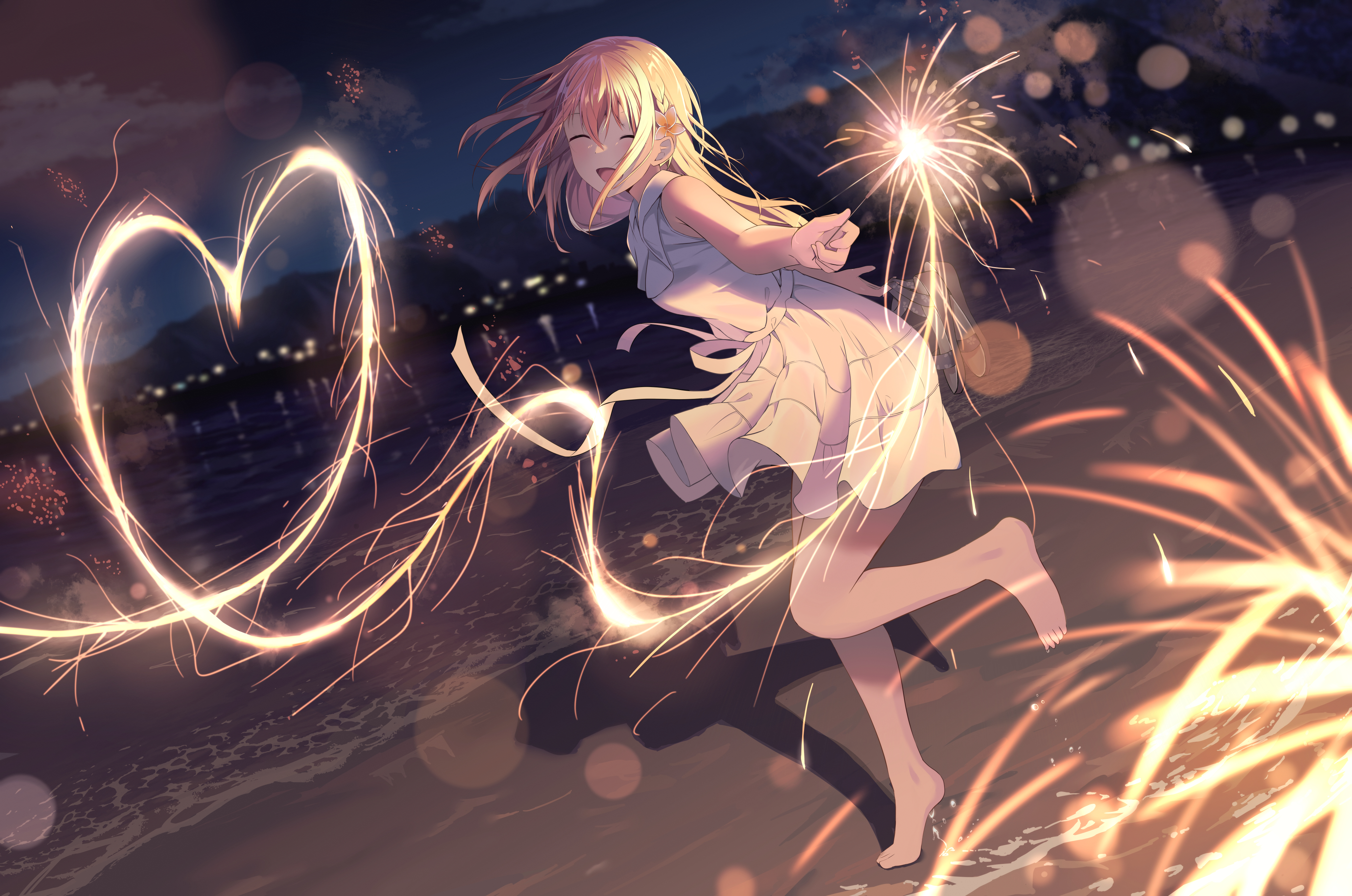 Anime 4000x2653 anime anime girls beach white dress long hair sky fireworks closed eyes dress standing on one leg night lights water sand waves open mouth heart clouds