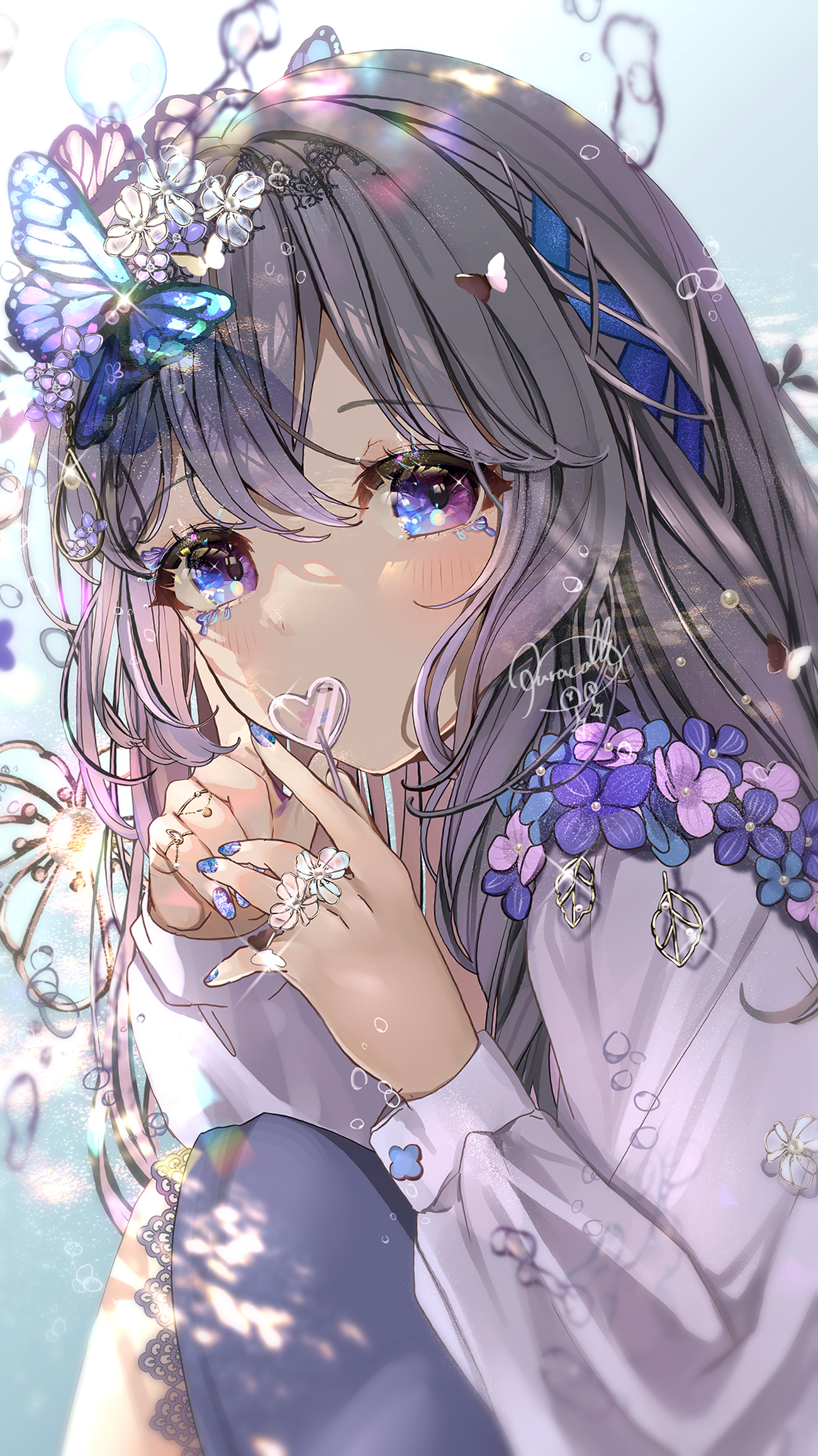 Anime 1300x2313 anime Pixiv anime girls portrait display flowers bow tie looking at viewer signature blushing rings petals bubbles digital art