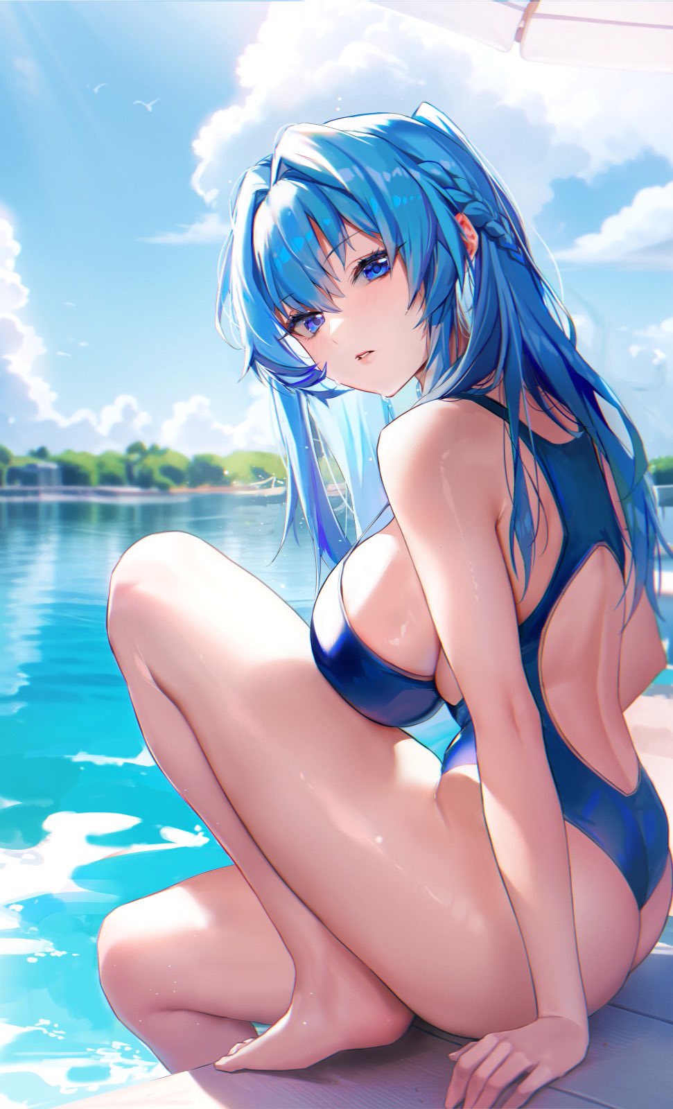 Anime 971x1600 Nikke: The Goddess of Victory anime girls portrait display Helm (Nikke) blue hair blue eyes long hair looking at viewer clouds sky looking back one-piece swimsuit boobs huge breasts sideboob blue swimsuit braids blurry background back barefoot arm support horizon women outdoors ass competition swimsuit looking sideways thighs pinkmill legs wet AI art
