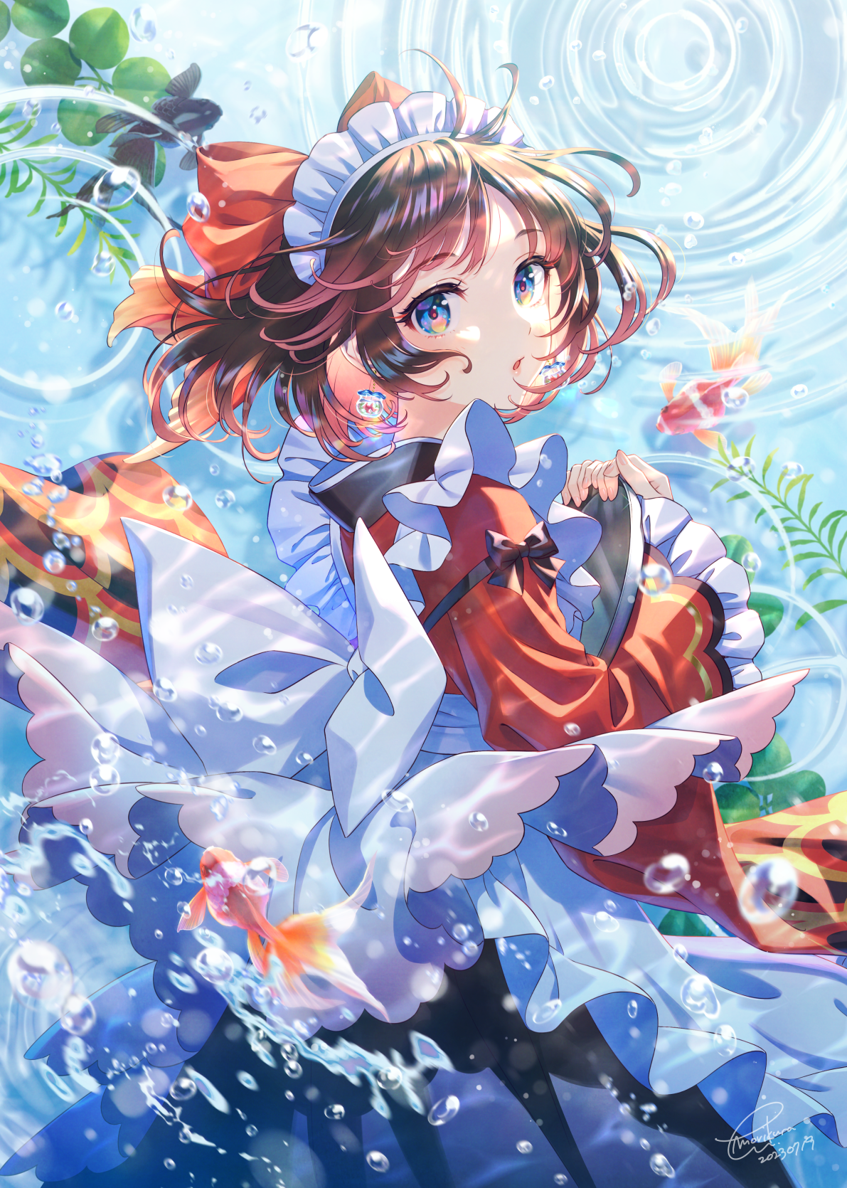 Anime 1191x1670 anime anime girls portrait display short hair maid maid outfit fish animals bubbles water underwater leaves looking at viewer brunette blue eyes bow tie sunlight