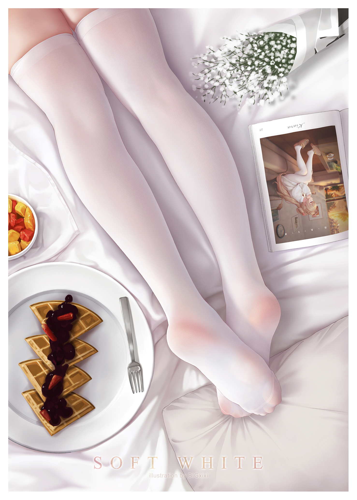 Anime 1477x2069 foot sole white thigh highs feet crossed food feet stockings fork picture fruit flowers anime girls portrait display Bigxixi