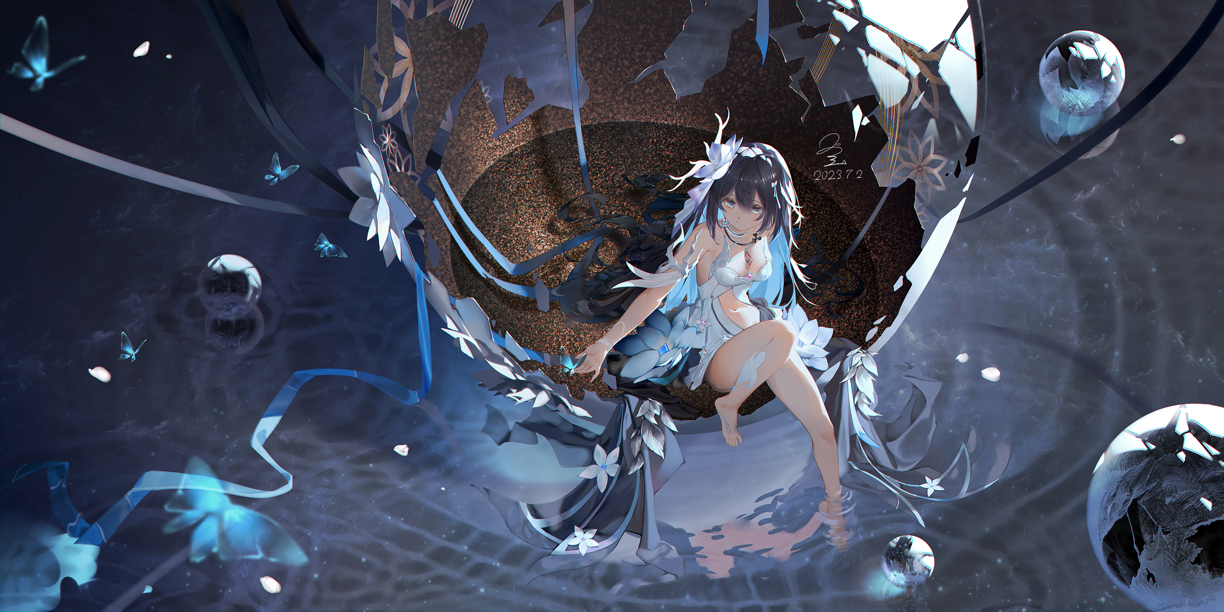 Anime 4000x2000 anime anime girls dress long hair smiling sphere reflection butterfly insect looking at viewer feet signature sitting choker Honkai Impact Honkai Impact 3rd Seele Vollerei Herrscher of Rebirth