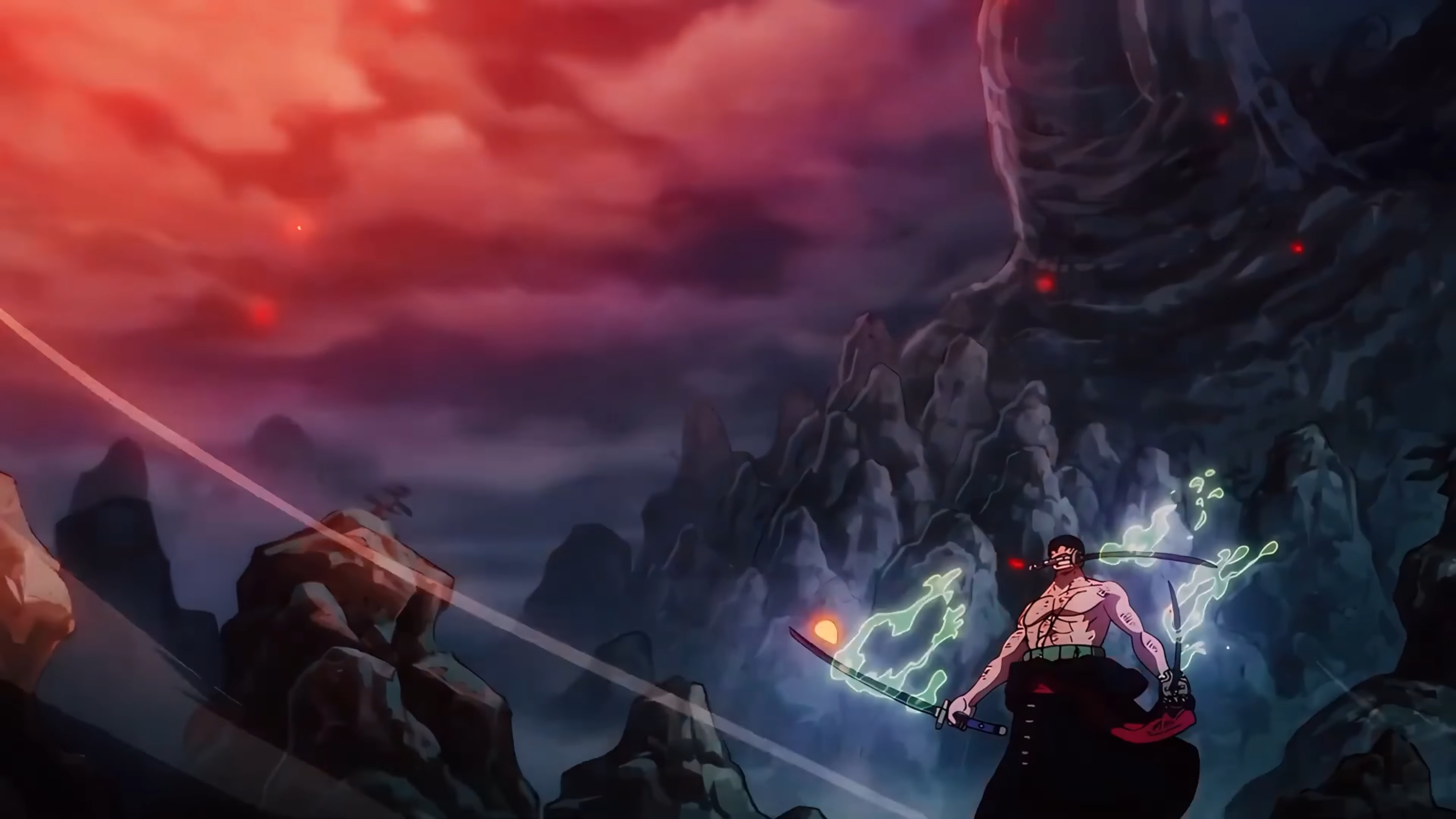 Anime 3840x2160 One Piece anime boys swordsman anime anime screenshot sky clouds sword shirtless Roronoa Zoro