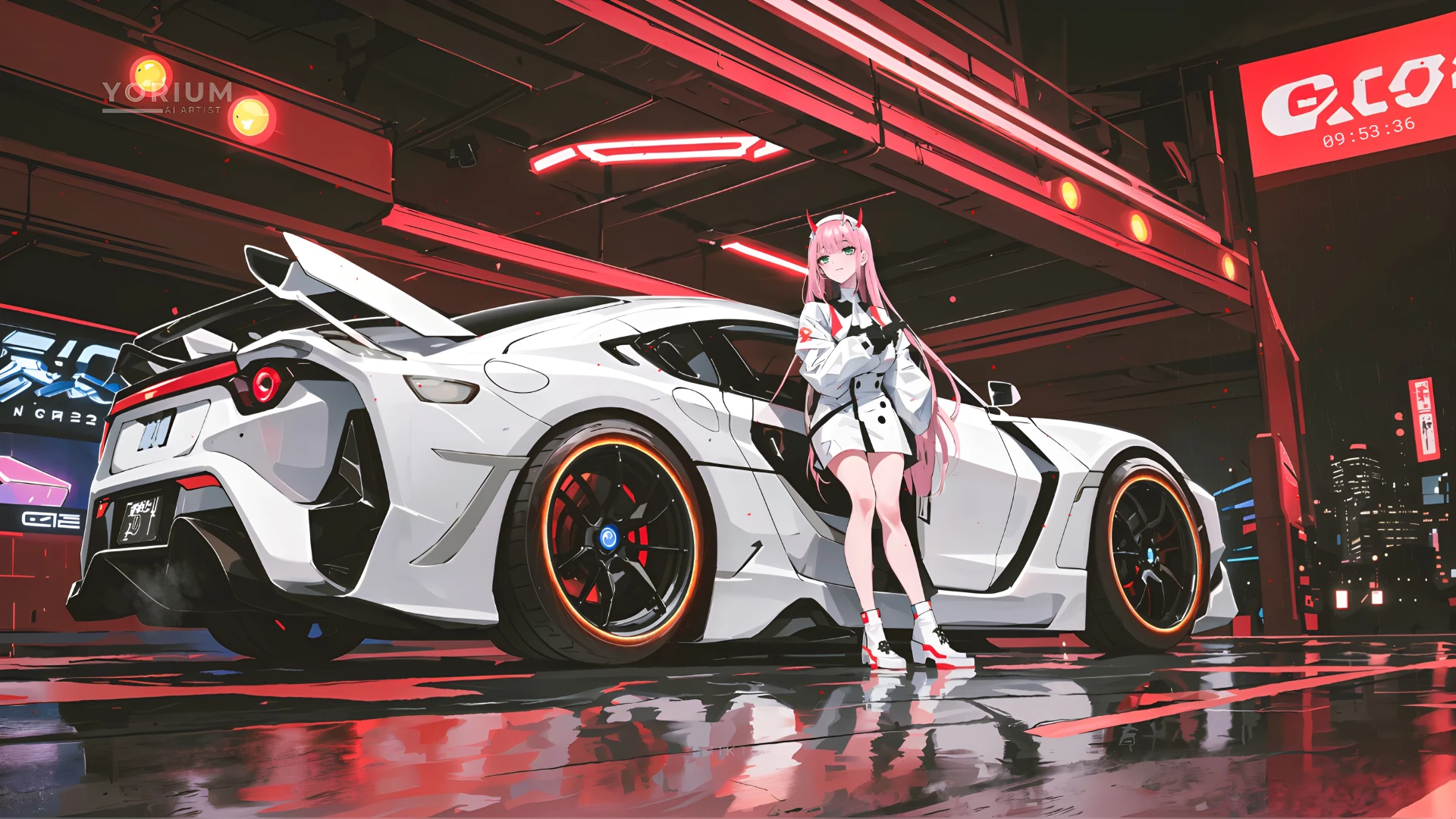 Anime 1920x1080 Zero Two (Darling in the FranXX) Darling in the FranXX leaned back car pink hair AI art watermarked anime girls standing long hair looking at viewer side view reflection night