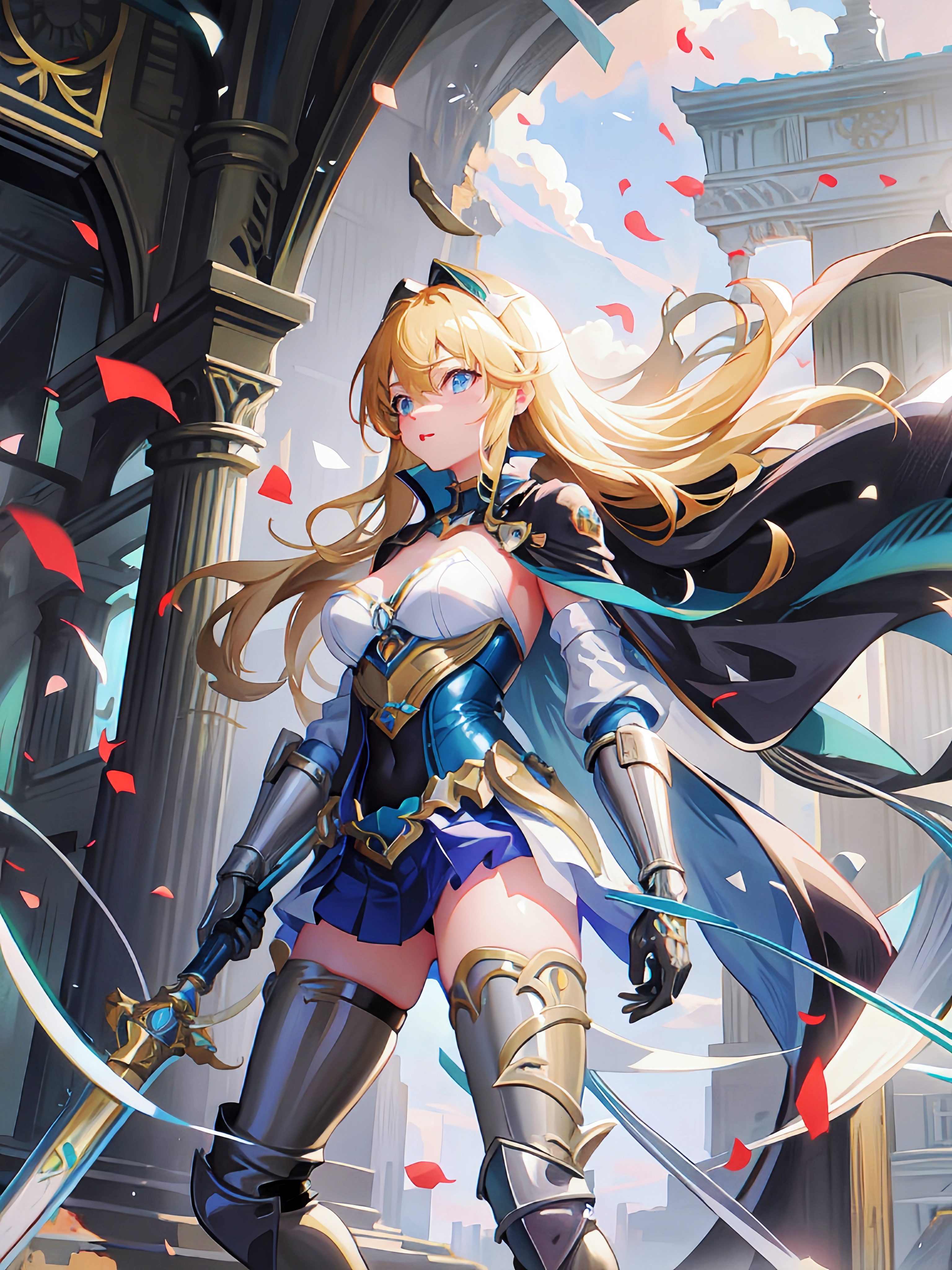 Anime 3072x4096 anime anime girls original characters AI art solo knight long hair blonde blue eyes artwork digital art sword weapon looking at viewer confetti clouds sky portrait display
