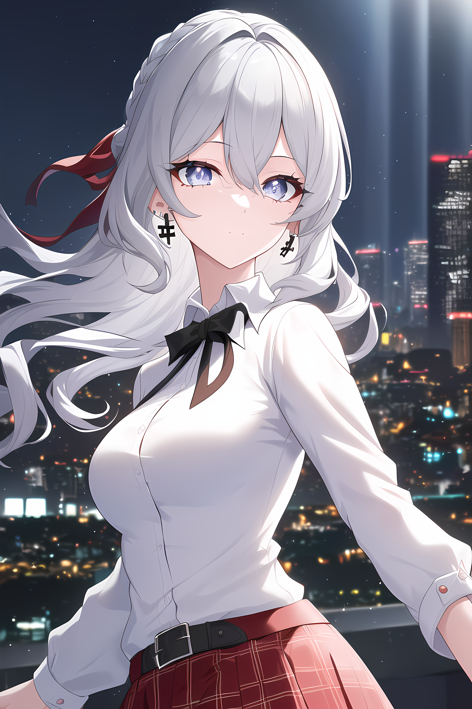 Anime 1536x2304 anime anime girls AI art portrait display bow tie city city lights earring