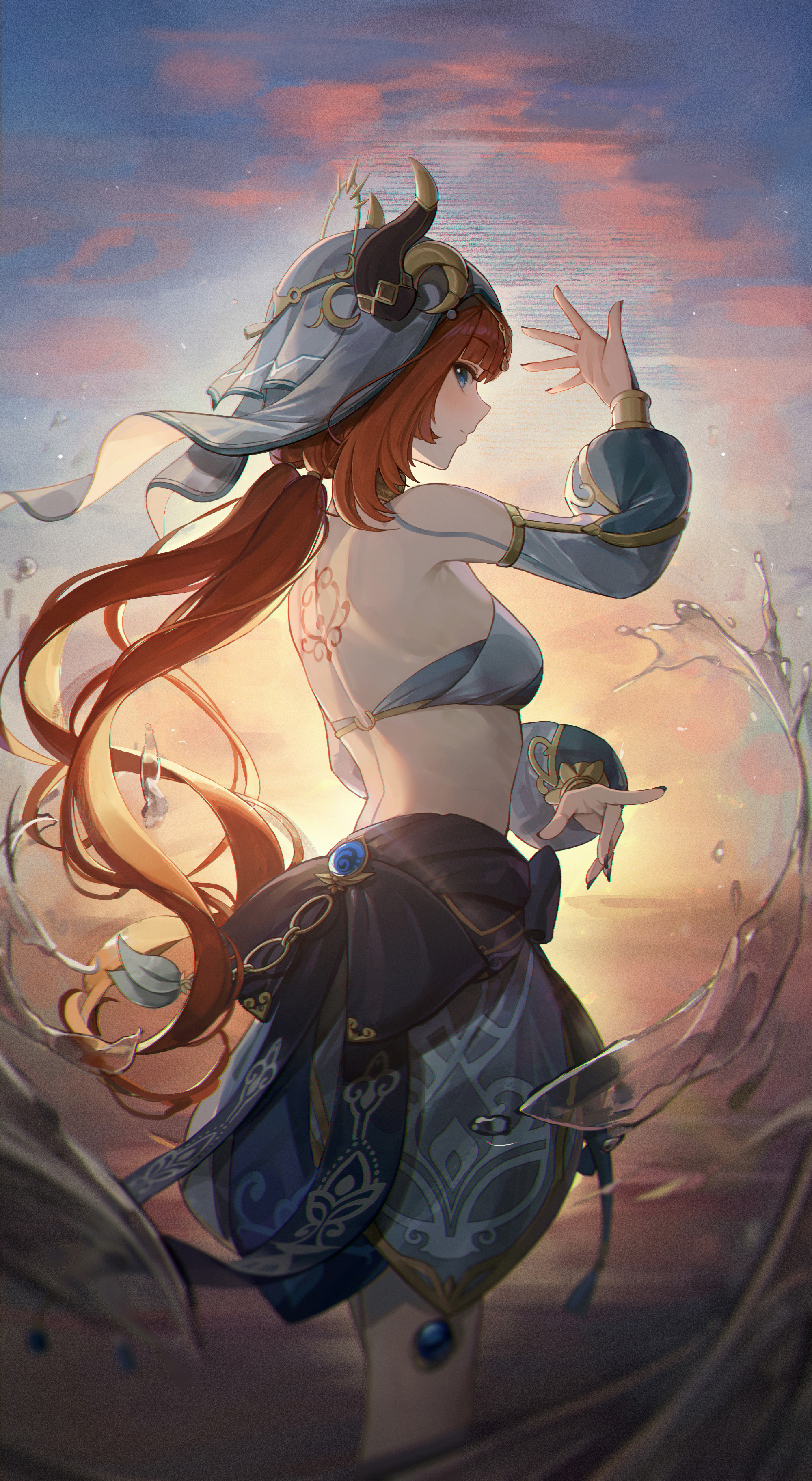 Anime 2000x3649 Genshin Impact anime girls Nilou (Genshin Impact) water sunset glow sunset long hair bareback
