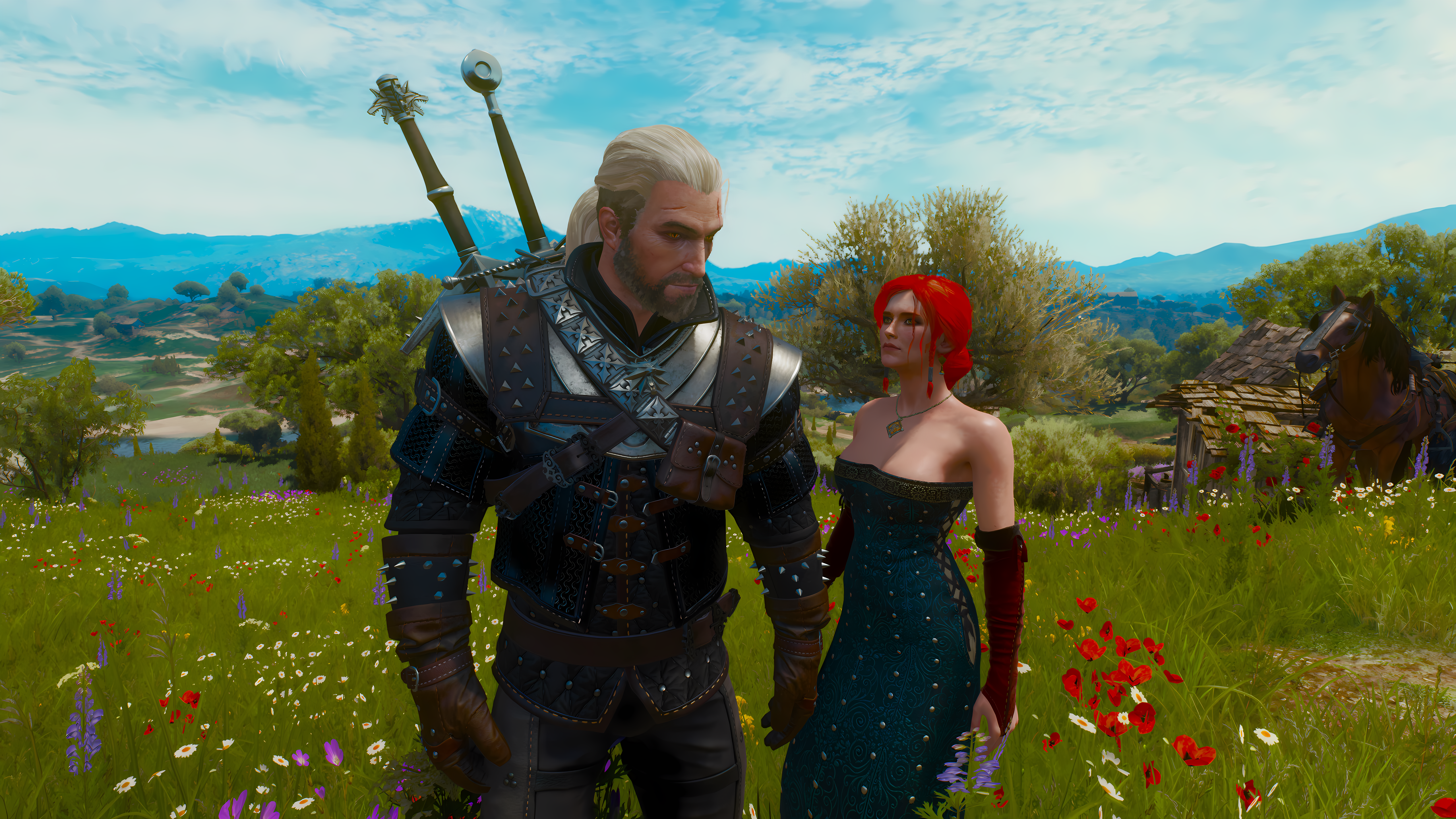 Anime 5120x2880 The Witcher 3: Wild Hunt Triss Merigold video games video game characters CGI flowers Geralt of Rivia Roach CD Projekt RED The Witcher 3: Wild Hunt - Blood and Wine
