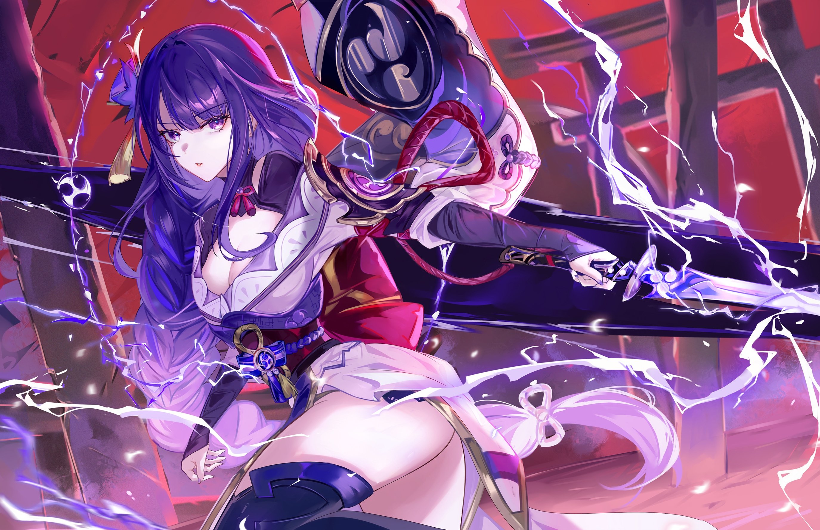 Anime 2750x1778 Genshin Impact anime girls anime sword Raiden Shogun (Genshin Impact) purple hair purple eyes cleavage