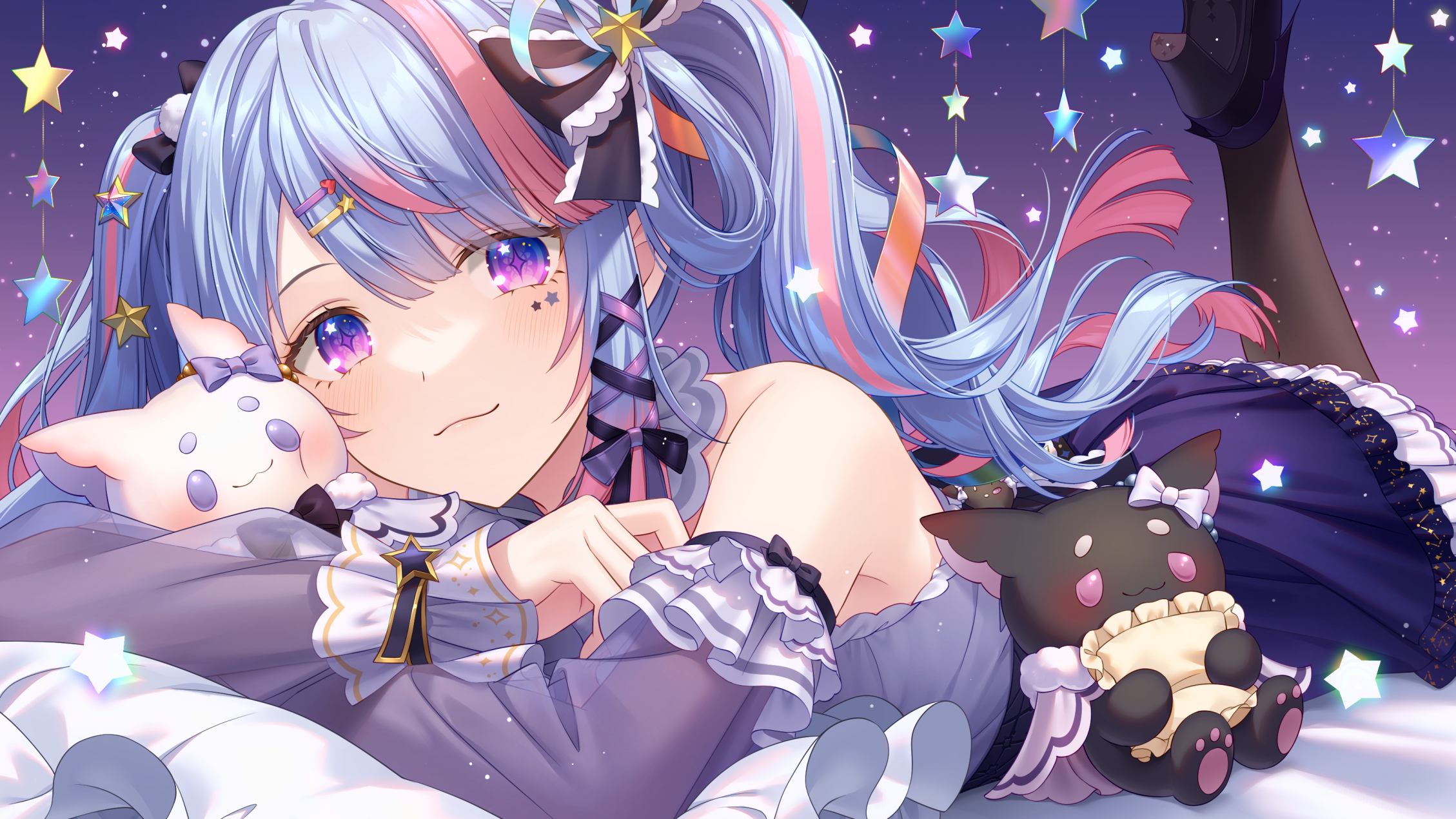 Anime 2258x1271 anime anime girls two tone hair star eyes twintails stars lying on front smiling bare shoulders Virtual Youtuber
