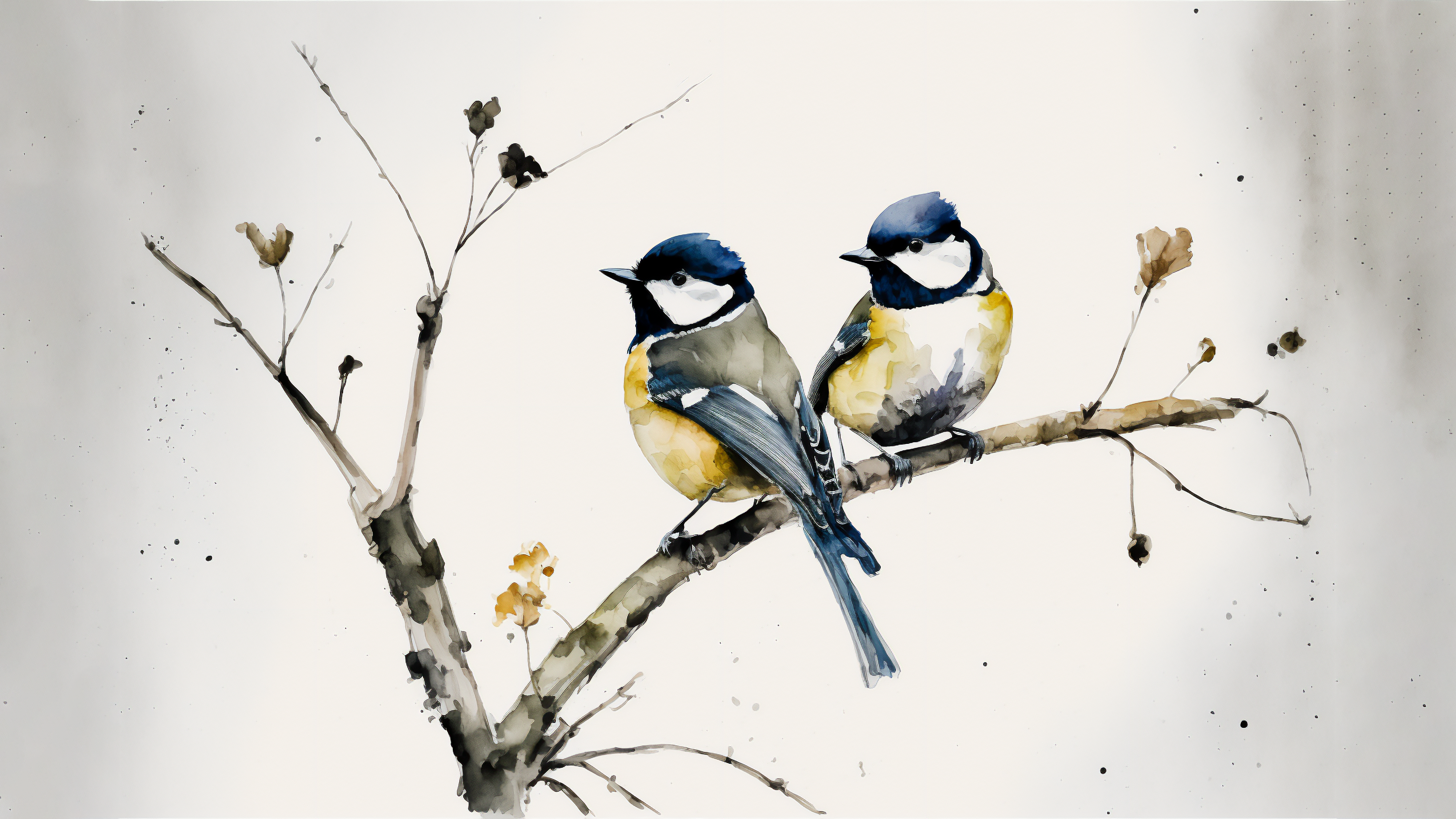 General 3640x2048 AI art illustration birds watercolor style white background simple background animals branch great tit (animal) titmouse