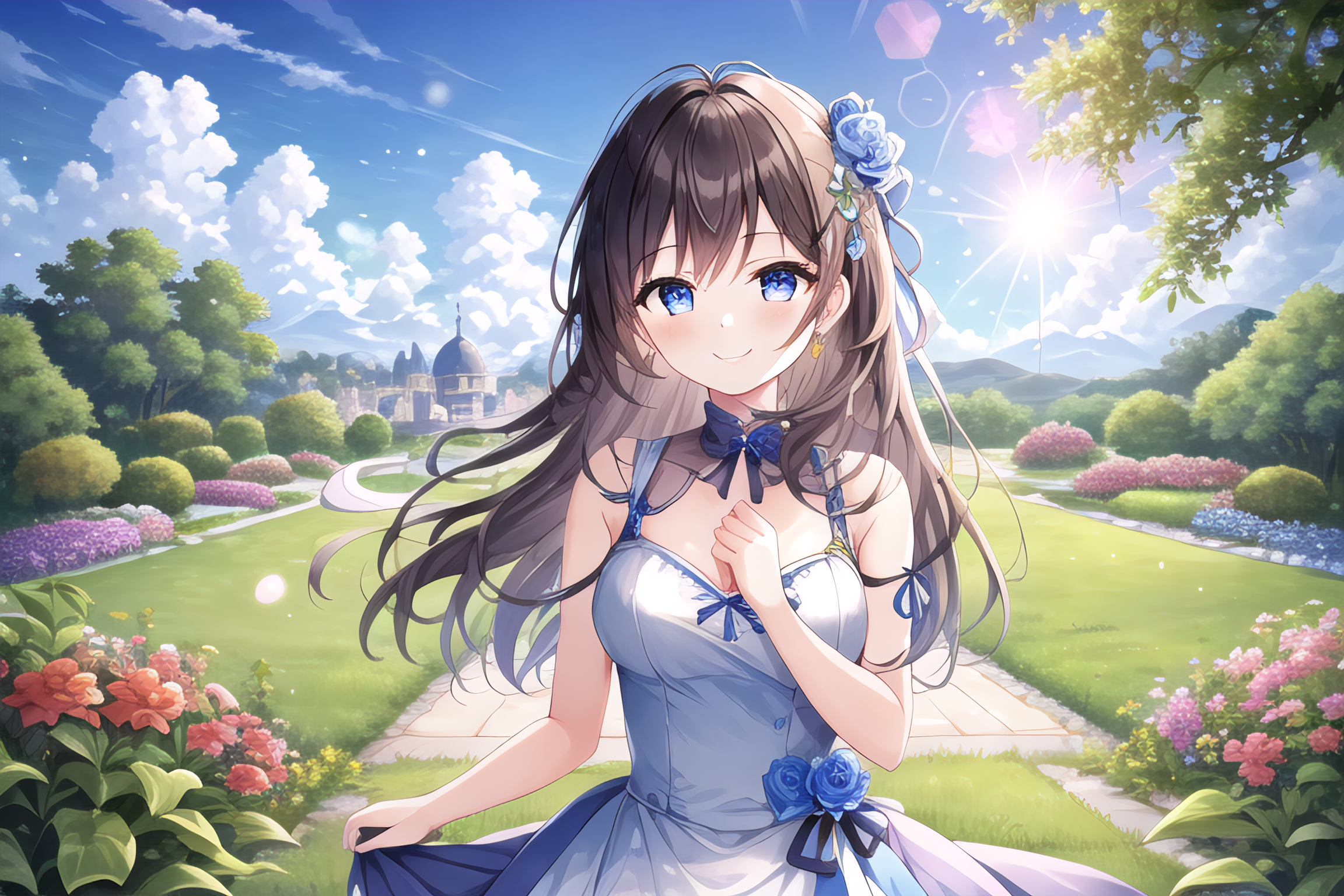 Anime 2304x1536 anime anime girls Stable Diffusion AI art artwork digital art smiling looking at viewer flowers grass clouds Sun sunlight flower in hair dress lifting dress trees