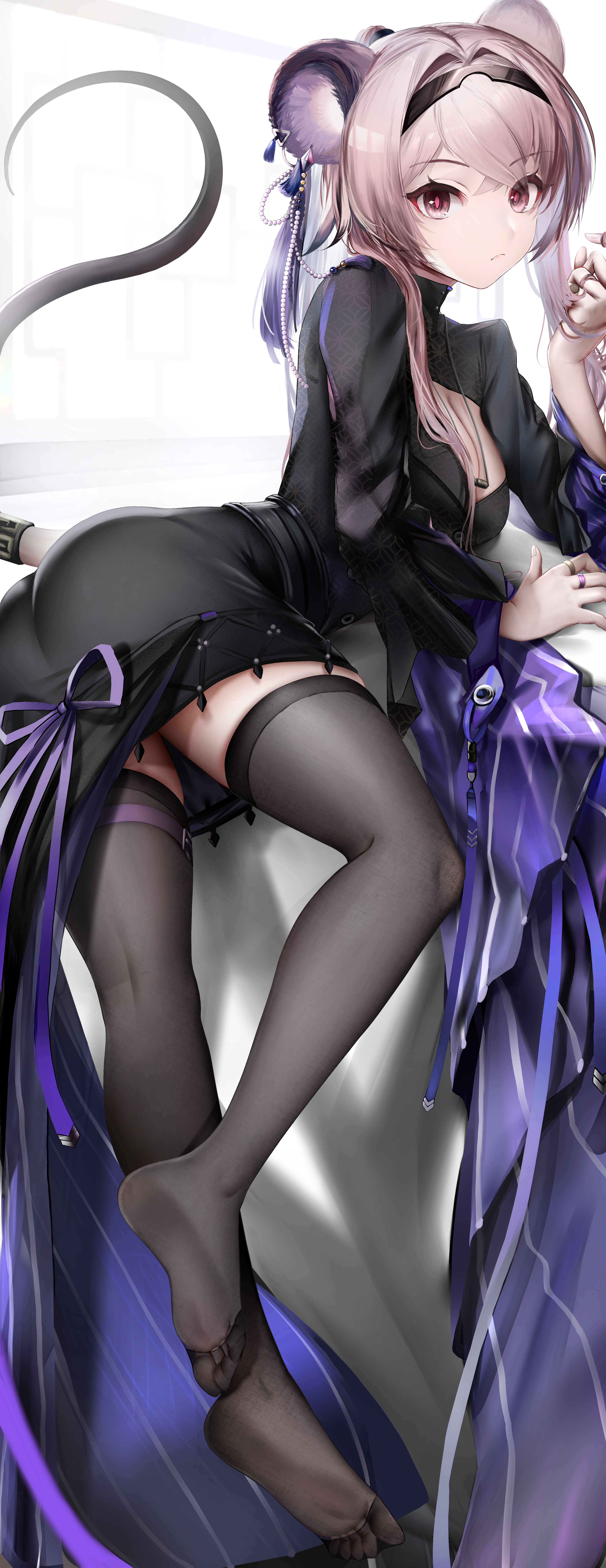 Anime 3250x8400 anime anime girls portrait display animal ears tail stockings ass looking at viewer Arknights Lin (Arknights)