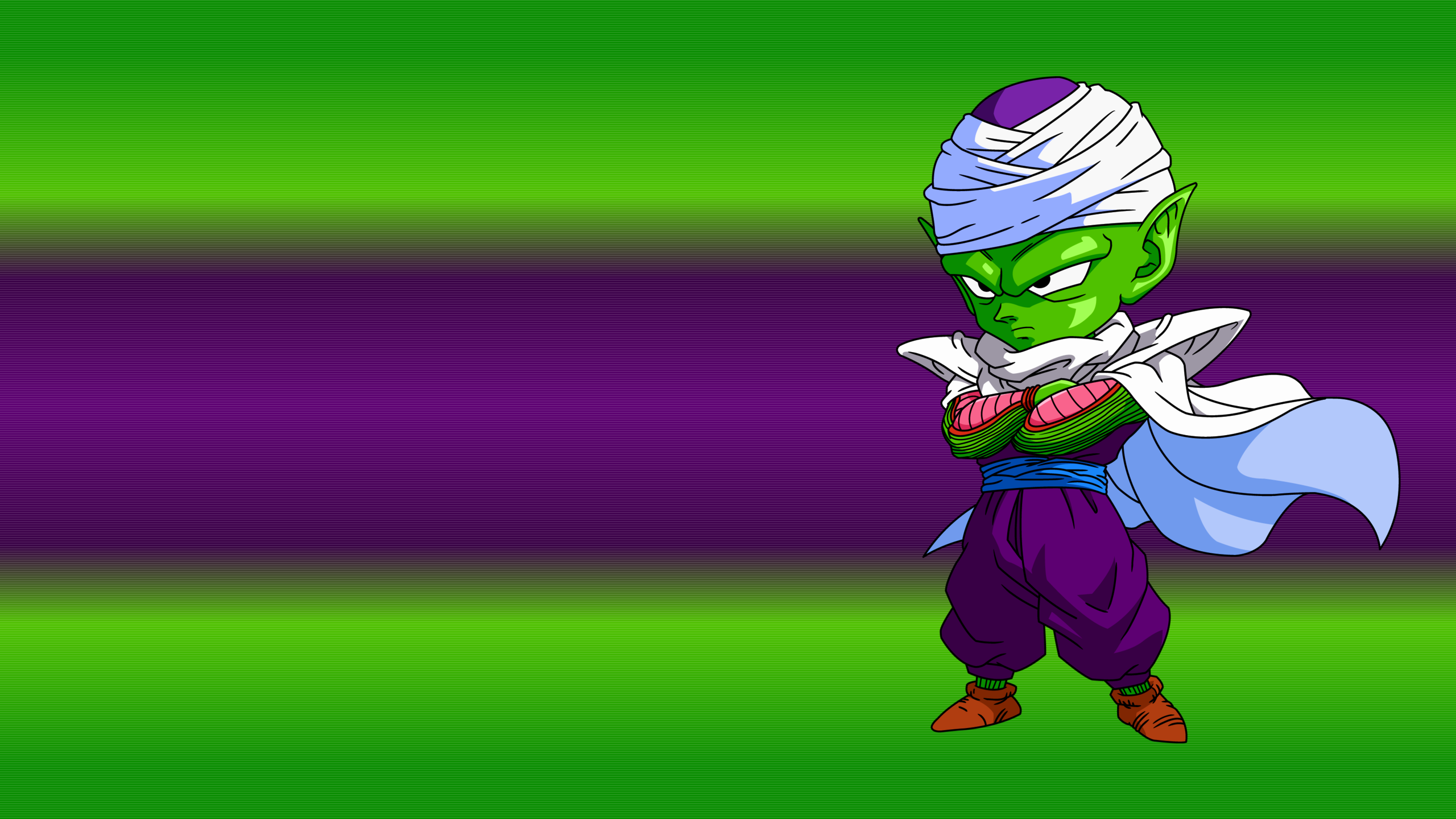 Anime 2560x1440 Dragon Ball Dragon Ball Z Dragon Ball Super Piccolo anime anime boys Namek pointy ears green skin boots brown boots cape shoulder pads turban chibi arms crossed purple frown simple background minimalism