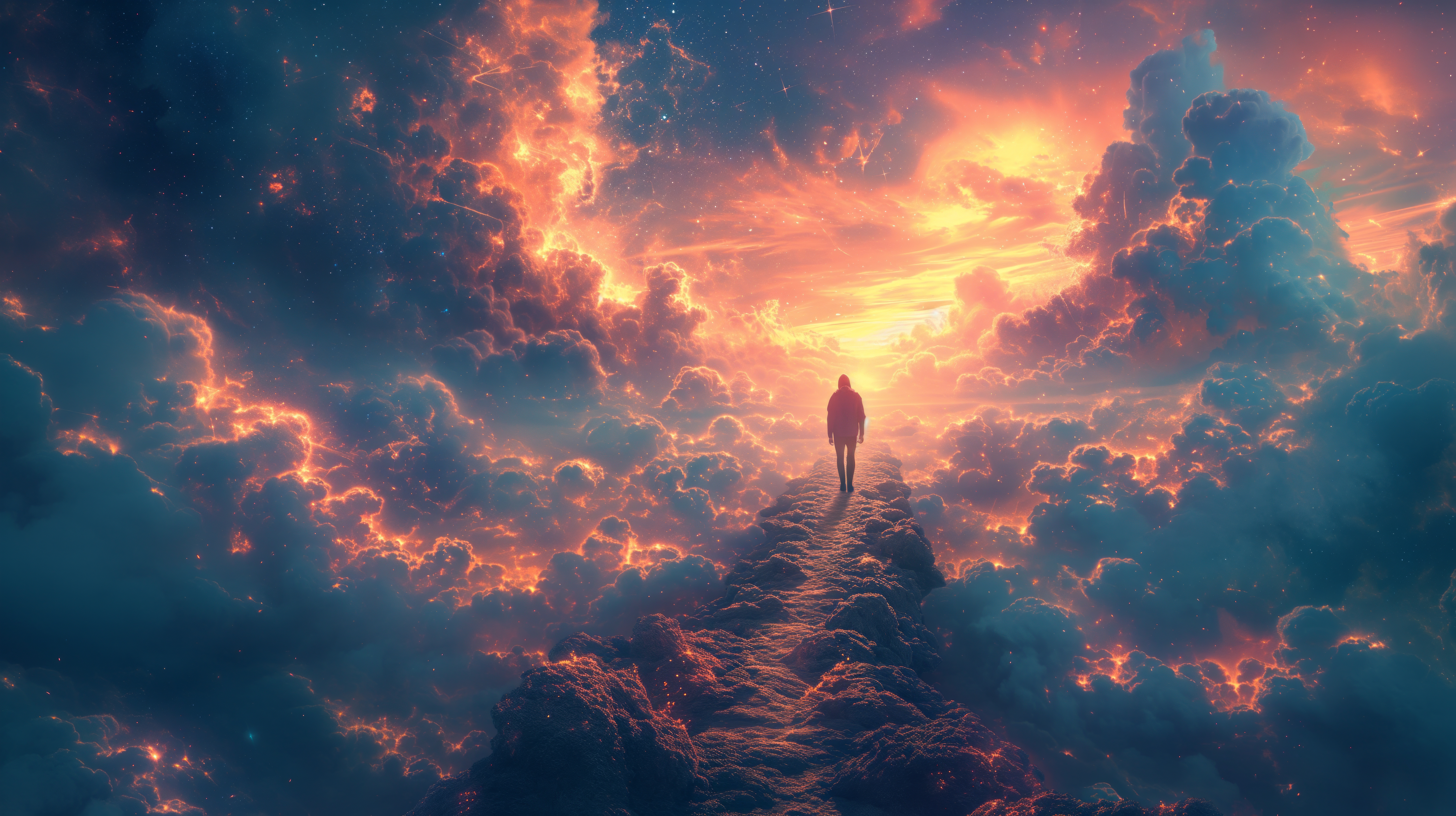 General 5824x3264 AI art illustration Heaven and Hell clouds men walking sky orange sky sunlight sunset sunset glow