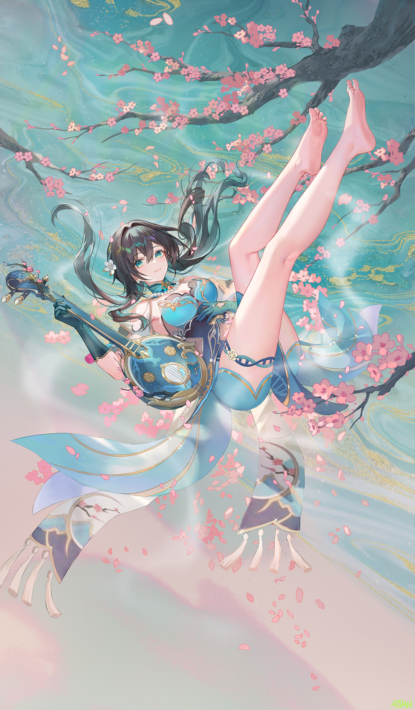Anime 1405x2400 anime anime girls Atdan portrait display looking at viewer long hair hair between eyes petals closed mouth smiling musical instrument earring legs gloves branch barefoot foot sole blue eyes flower in hair flowers bare shoulders pearl necklace necklace