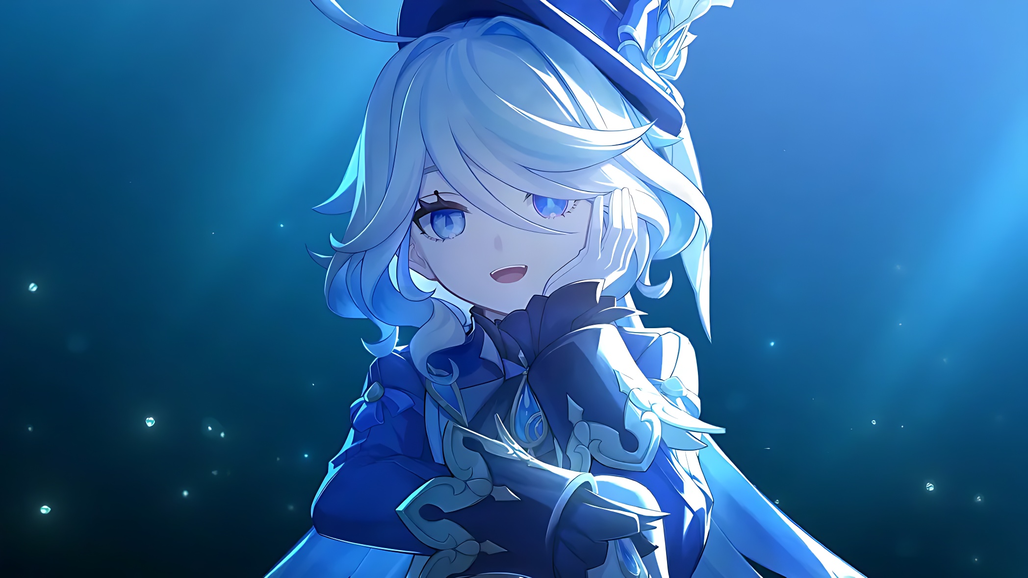 Anime 2096x1180 Furina (Genshin Impact) Genshin Impact anime girls blue blouse smiling hair between eyes ahoge mismatched gloves gloves top hat looking at viewer backlighting gemstones open mouth long hair heterochromia blue hair two tone hair blue eyes ascot resting head simple background hat