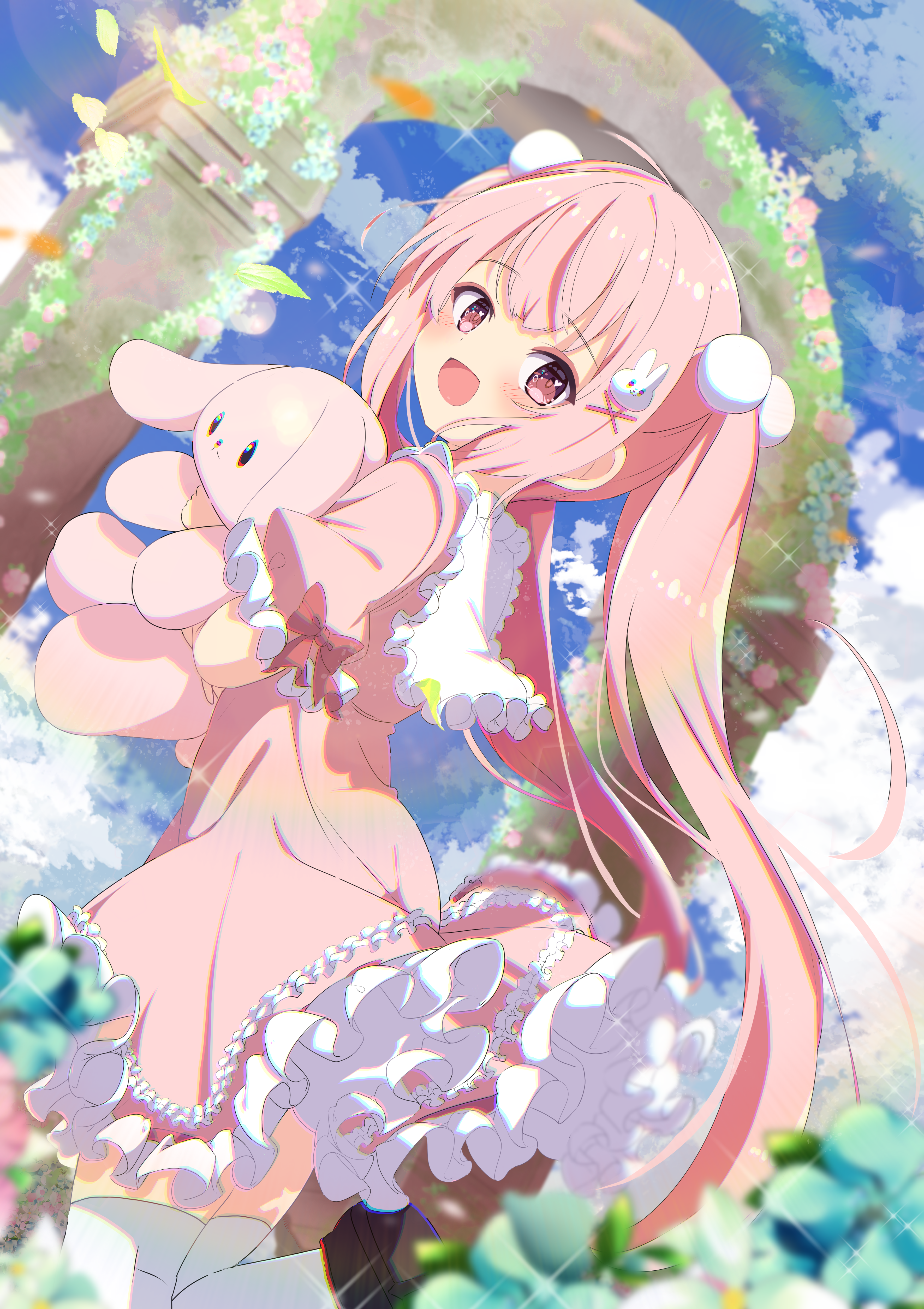 Anime 3541x5016 anime anime girls portrait display smiling shiro9jira open mouth looking at viewer twintails pink hair pink eyes short sleeves loli white thigh highs long hair thigh-highs looking back hair ornament leaves blushing sunlight outdoors women outdoors frill dress frills dress