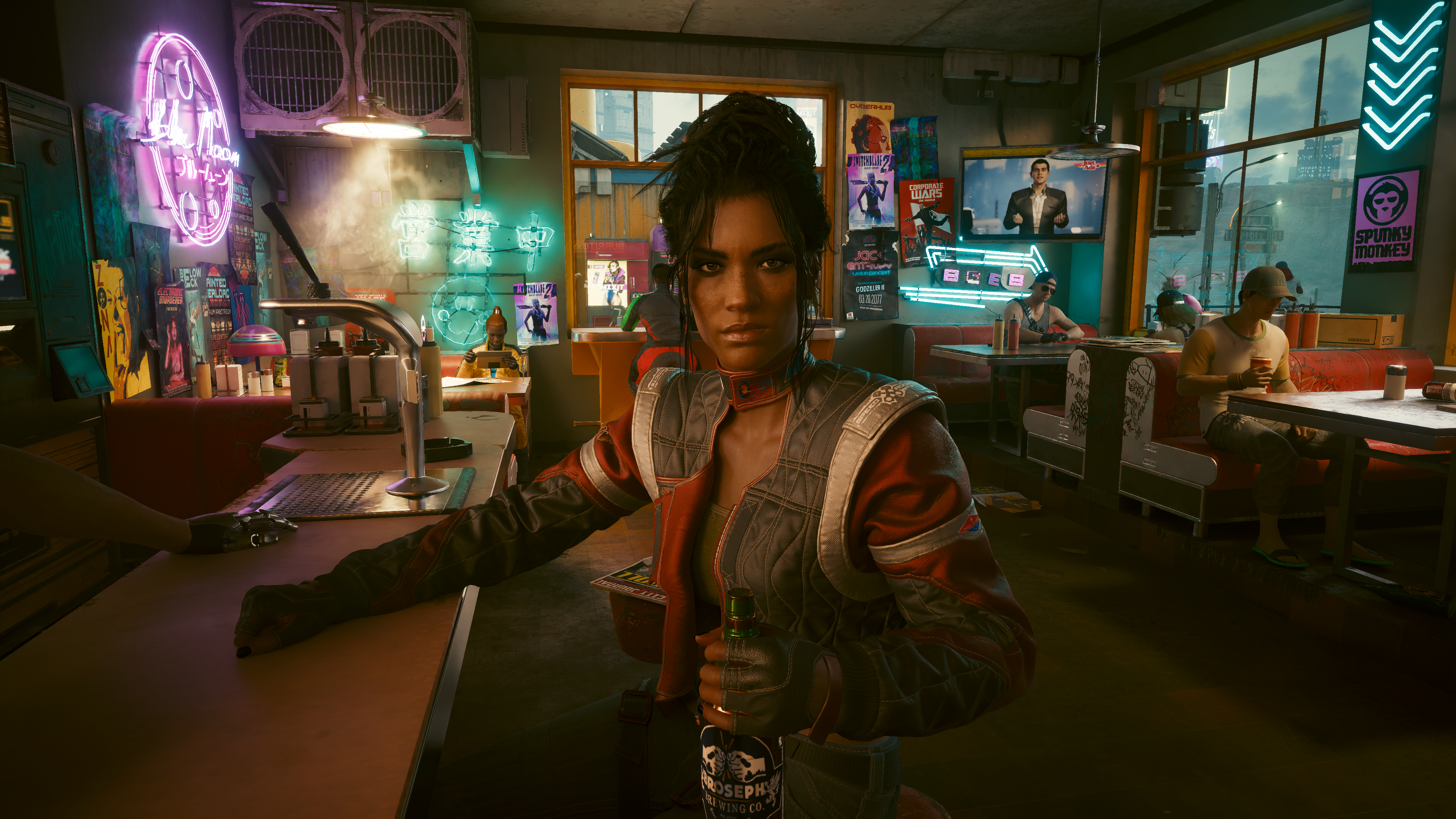 General 3840x2160 cyberpunk 2077 Panam Palmer Cyberpunk 2077 sitting video game characters CGI video game art screen shot video game girls bottles glass bottle Panam Palmer digital art short hair looking at viewer bar neon jacket drink video games closed mouth black nails painted nails sign TV poster POV