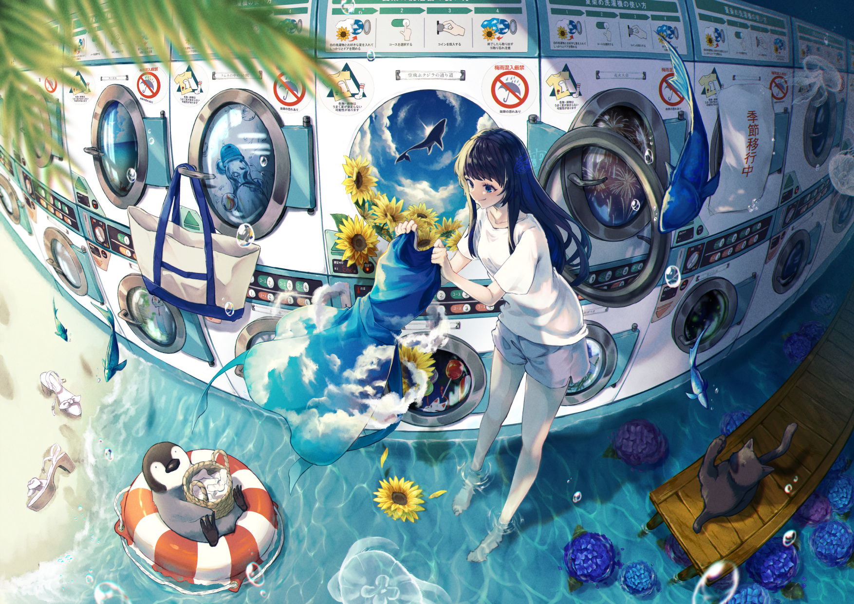 Anime 1754x1240 anime girls blue dress sunflowers laundromat washing machine flowers dark hair women outdoors long hair fisheye lens leaves petals sky clouds fish beach Japanese flying whales animals water drops bubbles Canned Rose penguins Rhododendron fireworks white sandals jetty water cats dress standing in water jellyfish blue eyes smiling high angle
