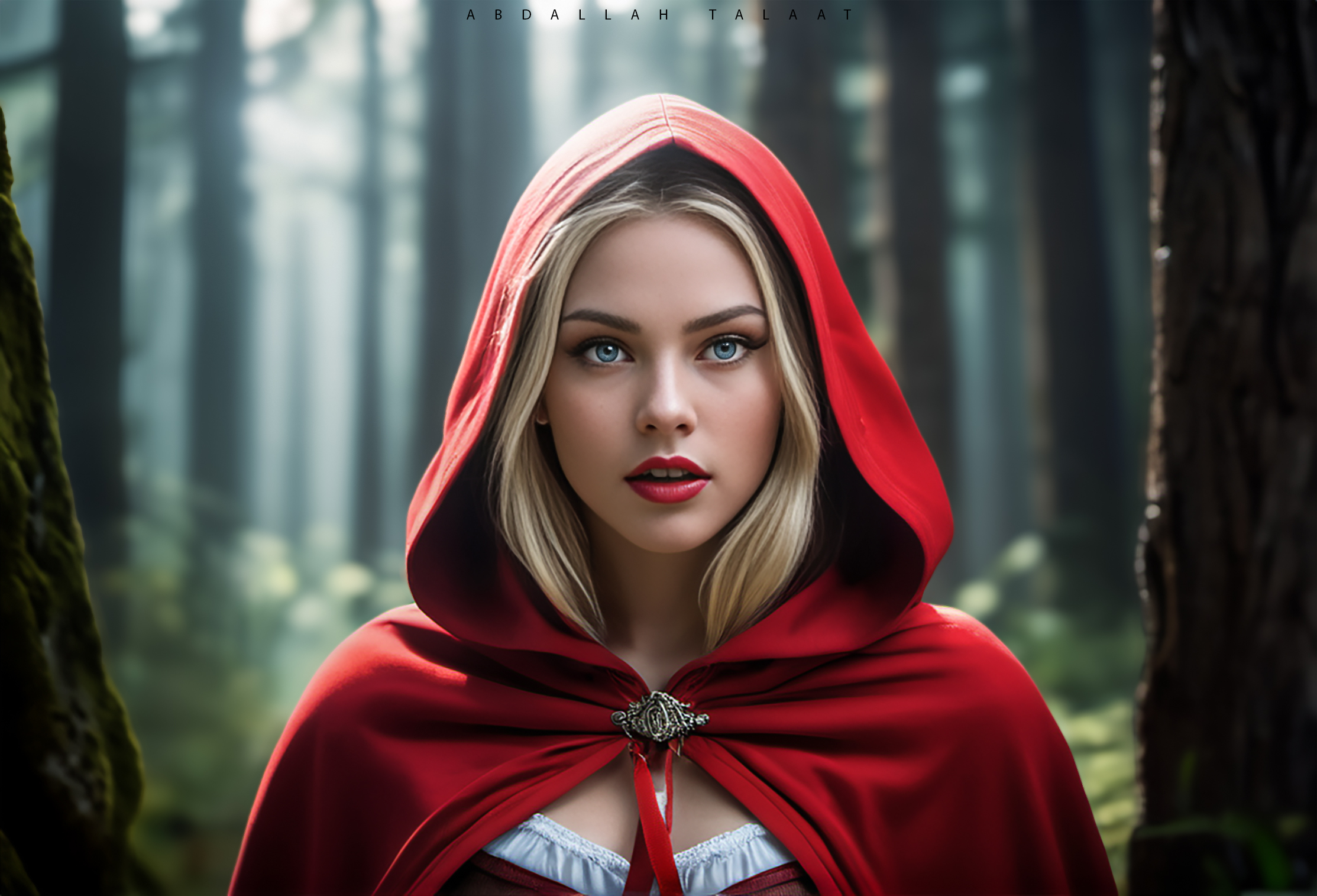 General 2227x1515 Little Red Riding Hood women red cape Abdallah Talaat AI art fantasy girl digital art outdoors women outdoors red lipstick lipstick parted lips blue eyes looking at viewer blonde trees nature teeth sunlight