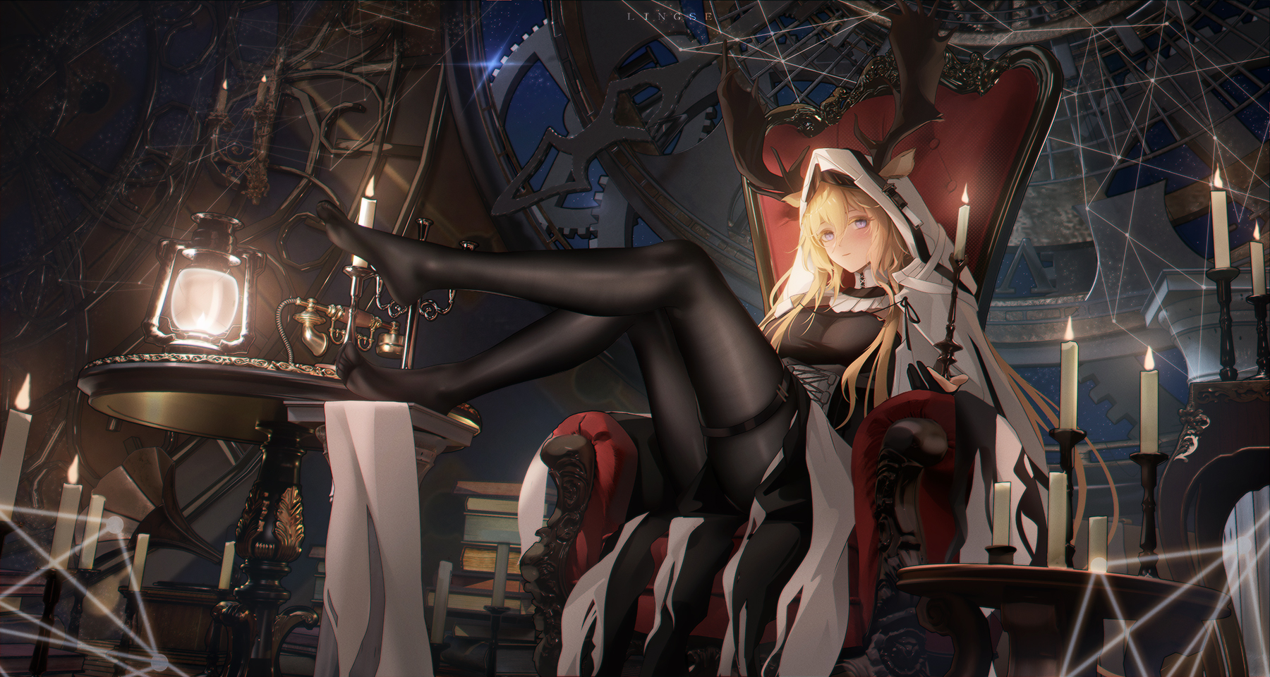 Anime 1800x960 anime anime girls The Candle Knight Viviana (Arknights) Arknights looking at viewer hair between eyes blonde sitting pointed toes blue eyes pantyhose black pantyhose candles candlestands chair indoors women indoors Ling Dianxia lantern gears feet cape legs up bent legs antlers animal ears long hair fire books throne