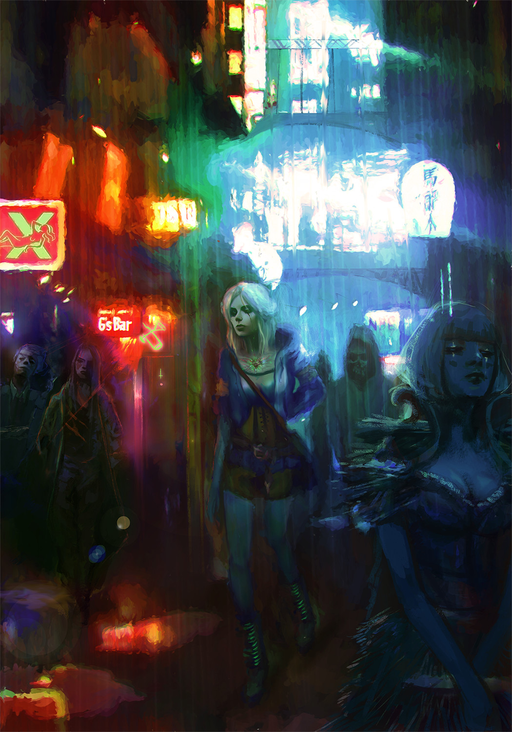 General 1050x1500 fantasy art artwork digital art video game art cyberpunk The Witcher The Witcher 3: Wild Hunt Cirilla Fiona Elen Riannon video games neon portrait display signs city cleavage bar walking video game girls video game characters Marty Zych