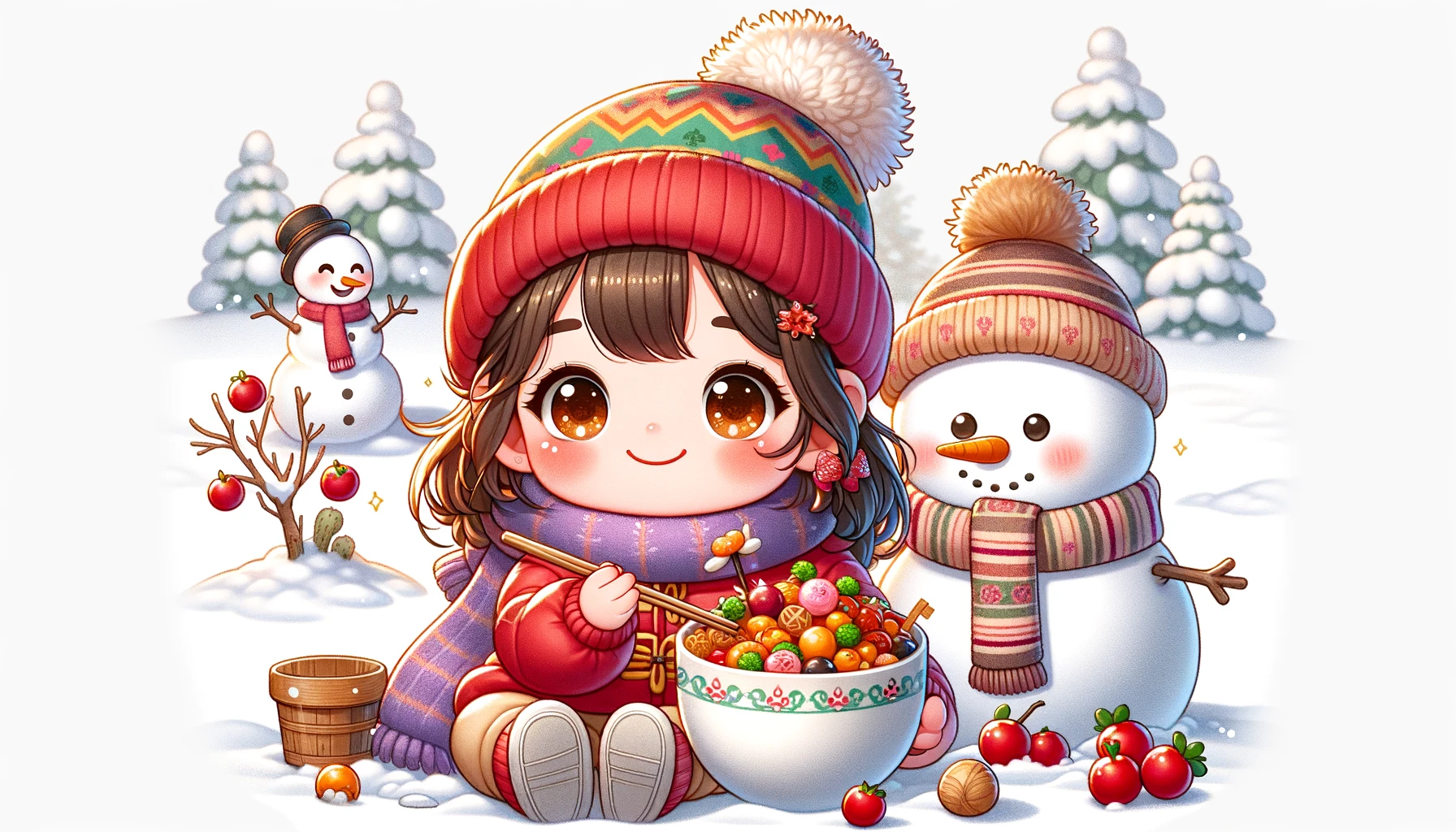 General 1792x1024 AI art looking at viewer children closed mouth smiling winter snow sitting scarf bowls chopsticks brunette brown eyes blushing snow covered trees snowman long hair carrots shoe sole hat coats digital art