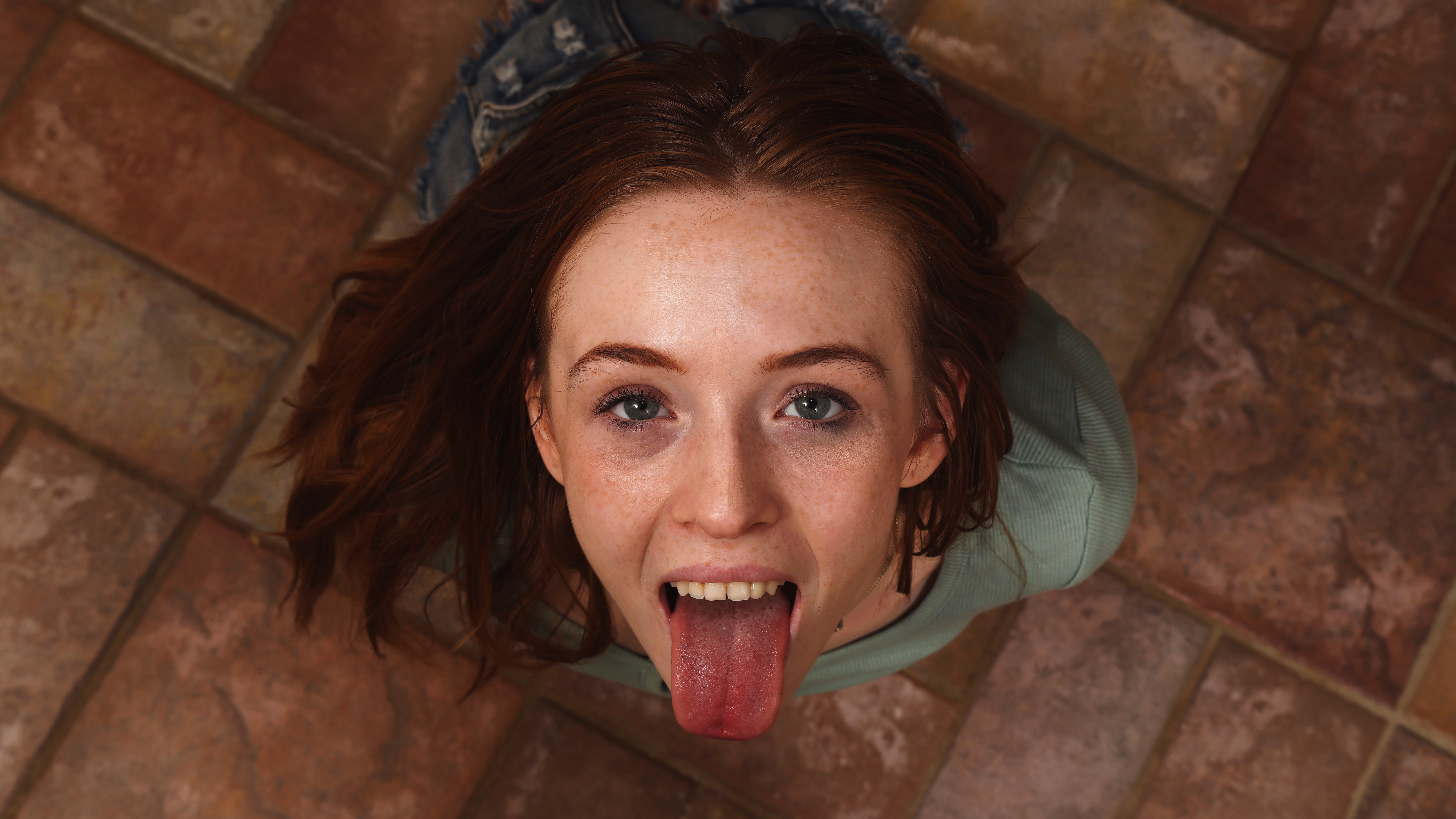 People 7647x4301 Madi Collins tongue out redhead green eyes women pornstar suggestive closeup open mouth freckles