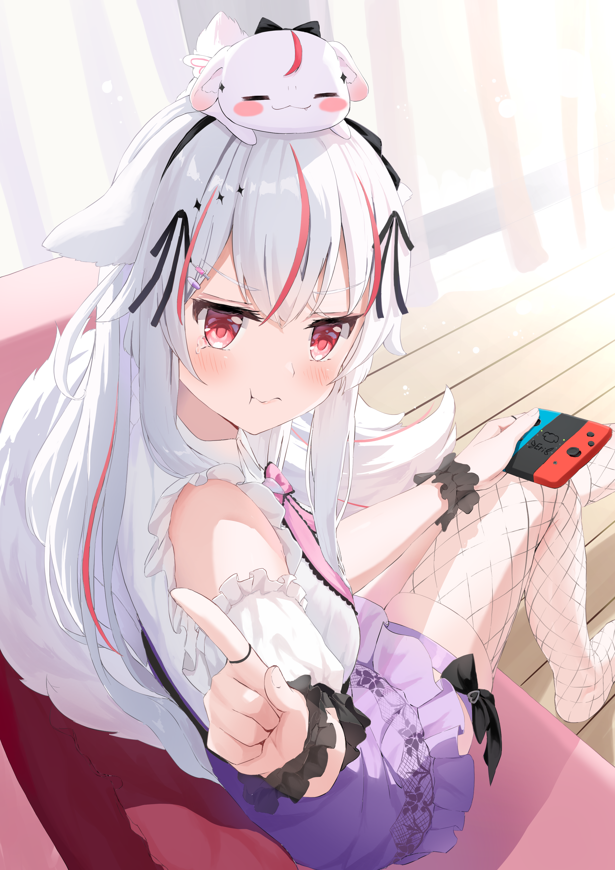 Anime 2480x3508 anime anime girls Matcha Kurenagi Eri Virtual Youtuber sitting Guild CQ hair between eyes looking at viewer fishnet Nintendo Switch long hair closed mouth blushing two tone hair frills wrist cuffs hair ornament tears couch floor portrait display indoors women indoors curtains