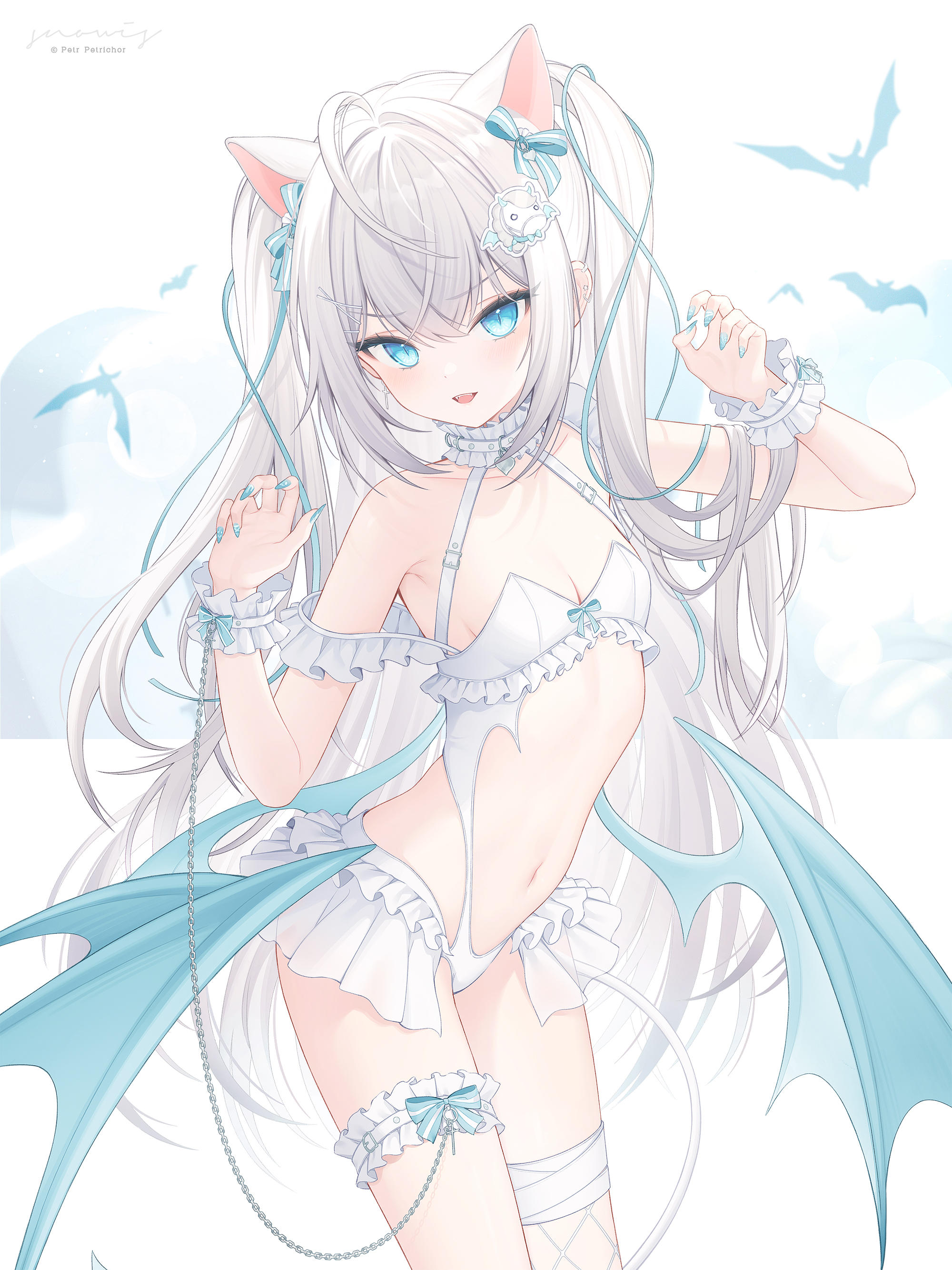 Anime 2000x2667 anime anime girls portrait display long hair looking at viewer wings petr petrichor twintails blue eyes blue nails bright background fans long nails lingerie small boobs cleavage signature watermarked open mouth loli frills hair ornament hair ribbon bats slim body leg ring Virtual Youtuber fishnet Snow Is