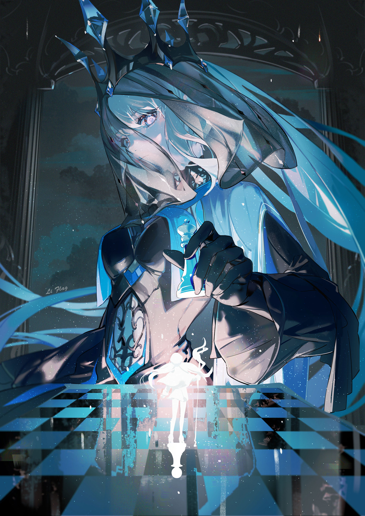 Anime 1200x1697 anime anime girls blue Morgan le Fay Fate/Grand Order veils Artoria Caster long hair portrait display checkered signature closed mouth crown sky clouds looking at viewer chess chessboard Fate series