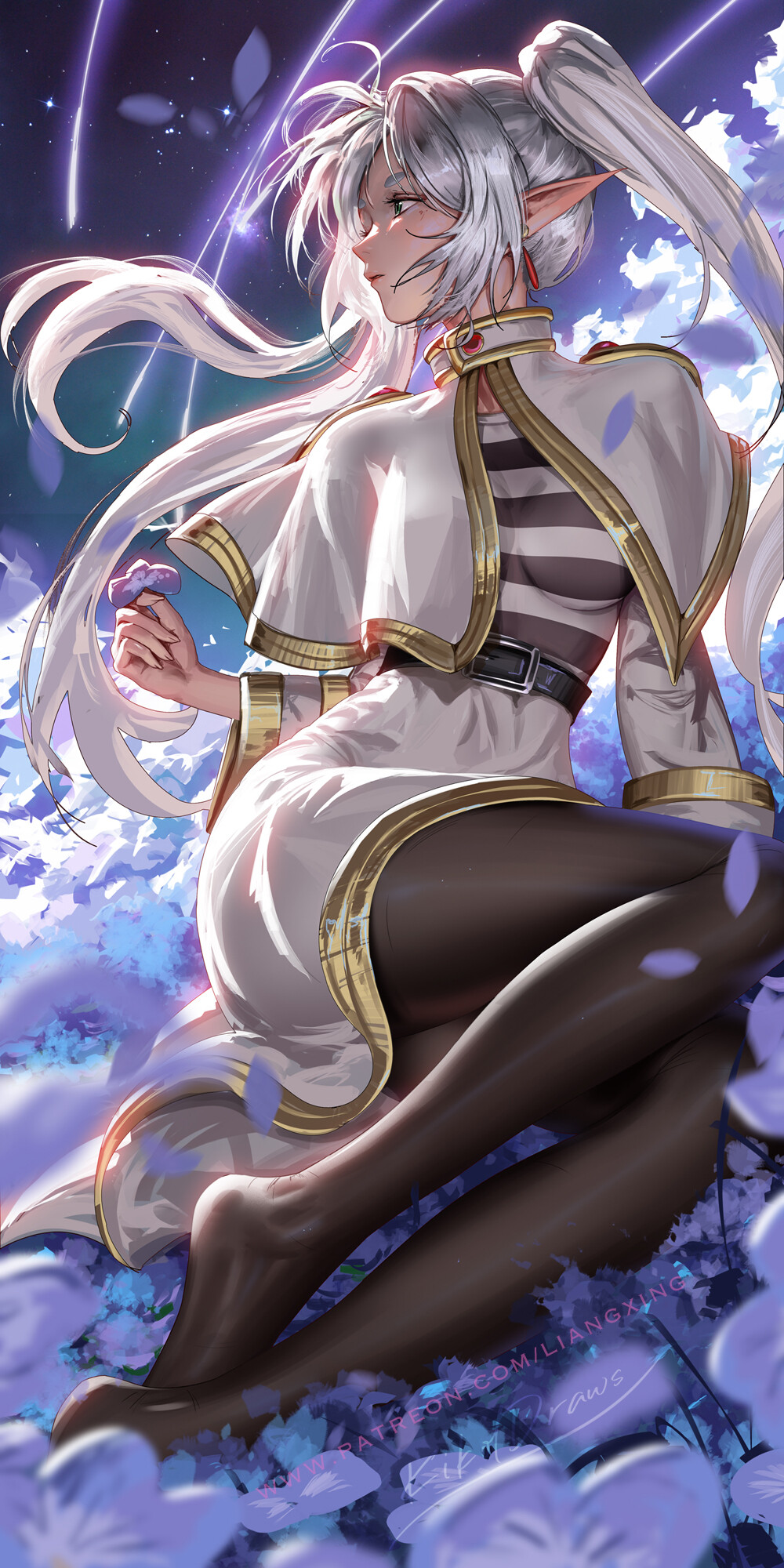 Anime 1000x2000 Jason Liang drawing women silver hair gold white clothing glowing Frieren Sousou No Frieren long hair petals flowers twintails portrait display sitting signature watermarked looking away pointy ears anime girls blue eyes sky stars bent legs shooting stars earring sidelocks