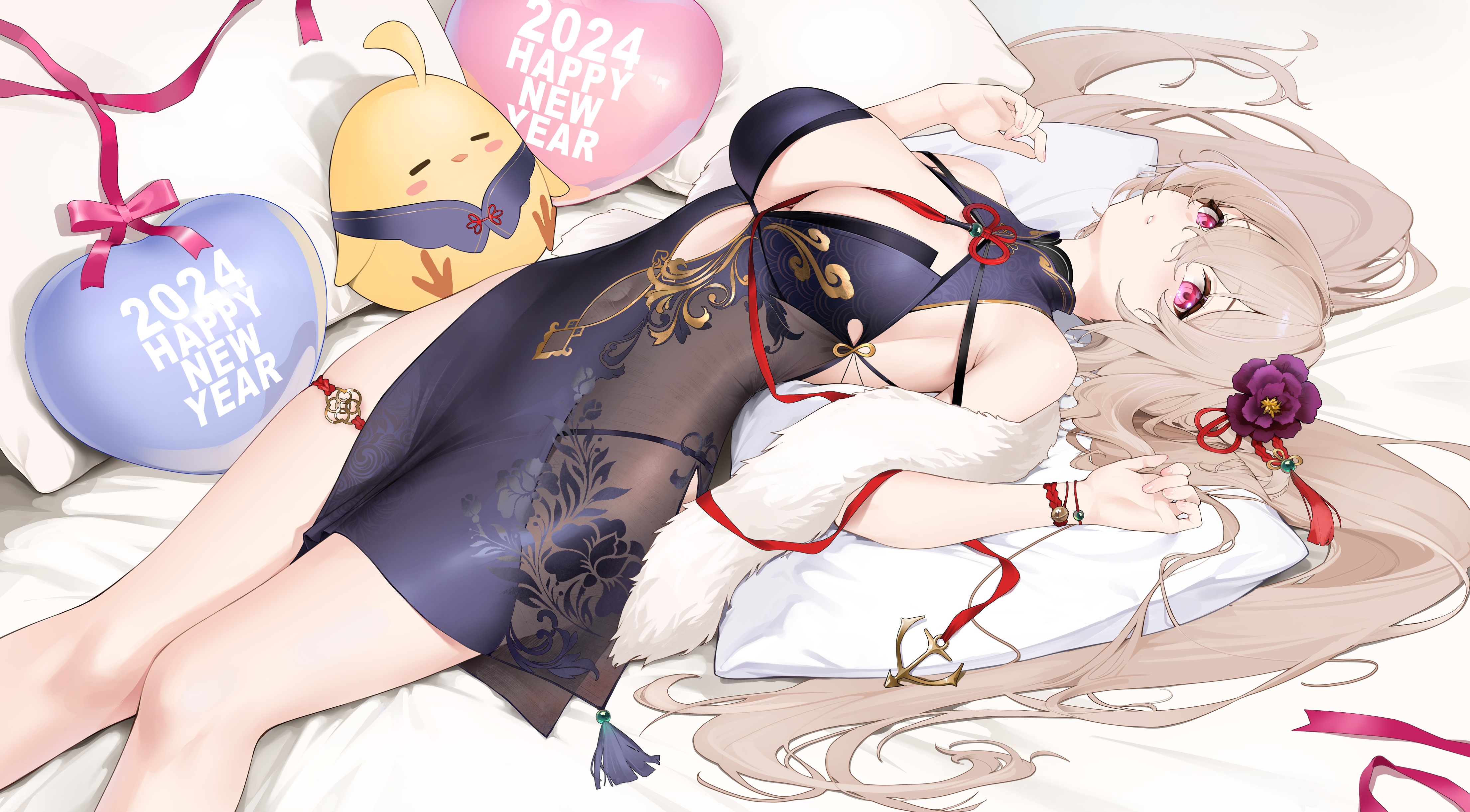 Anime 4421x2444 Azur Lane lying on back Anchorage (Azur Lane) bed Manjuu (Azur Lane) pillow New Year Chinese dress Chinese clothing ribbon pink ribbon JANLoAd1ng looking at viewer flowers pink eyes huge breasts item between boobs dress see-through dress thighs parted lips purple flowers long hair cleavage cutout purple dress bracelets balloon thigh strap hair ornament fur anime hair between eyes anime girls lying down 2024 (year) leg ring flower in hair holiday