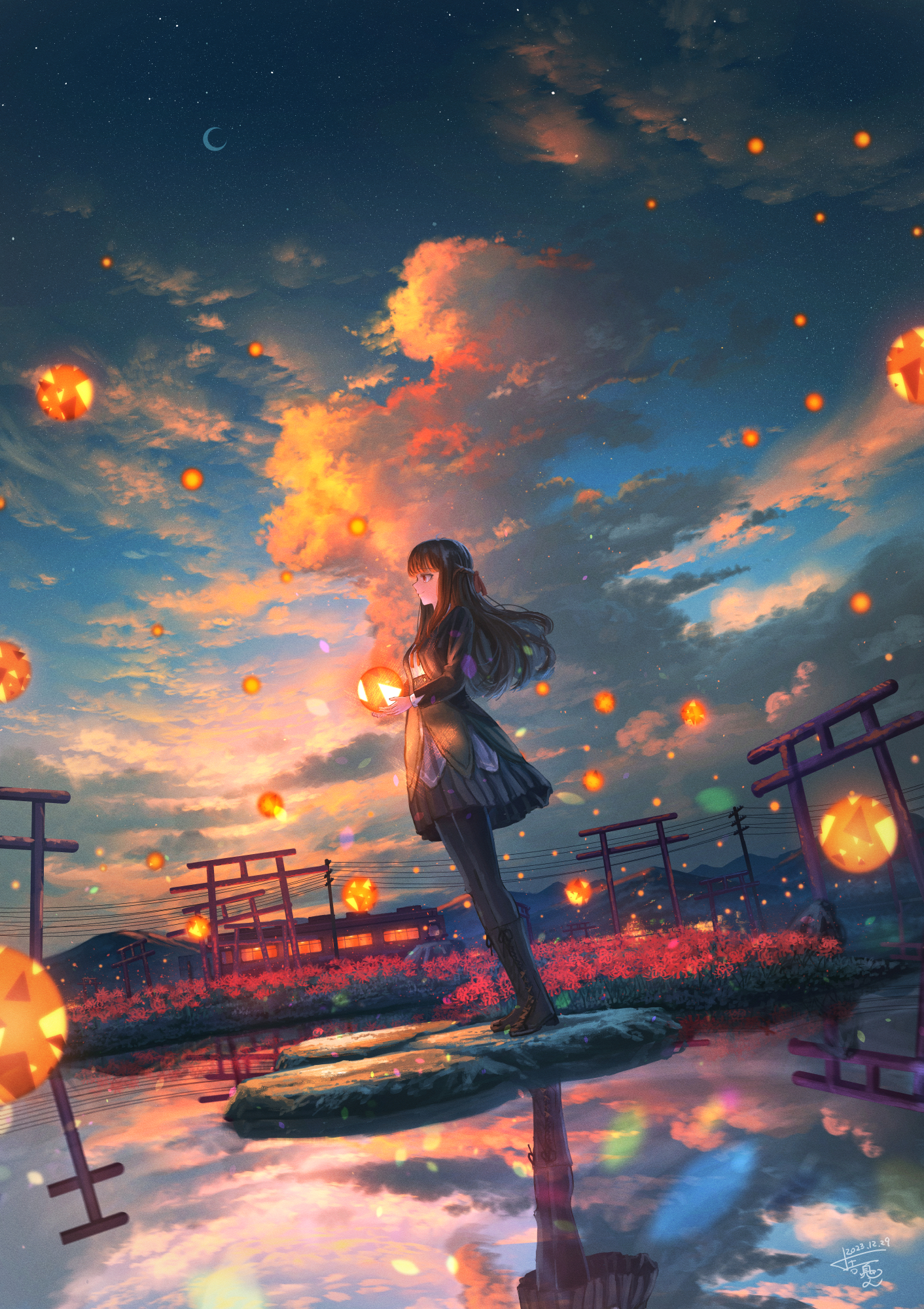 Anime 1412x2000 Shuu Illust anime girls black hair crescent moon women outdoors long hair sunset spider lilies pantyhose signature power lines reflection clouds gems sky portrait display evening flowers starred sky