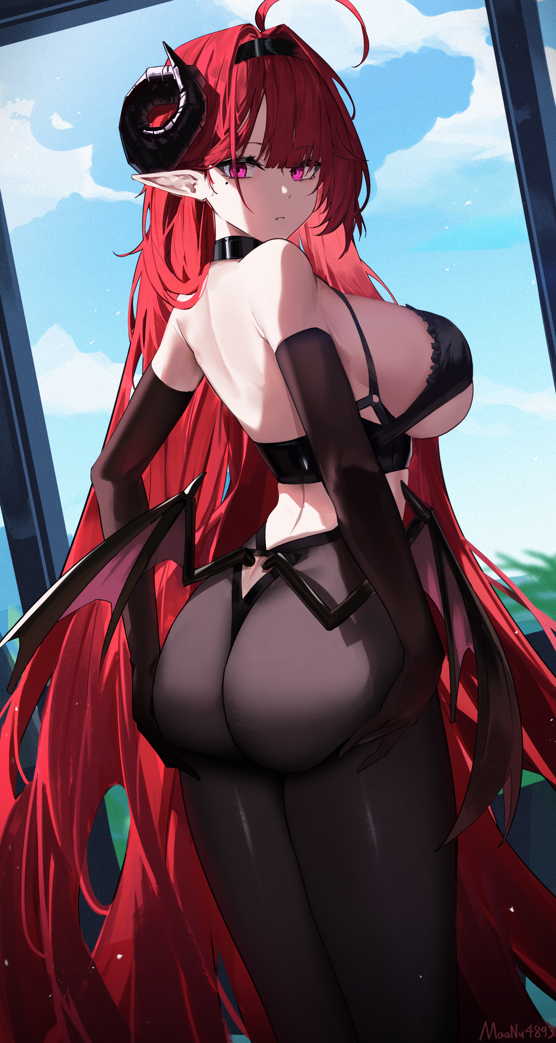 Anime 1953x3662 anime anime girls Hindenburg (Azur Lane) Azur Lane long hair redhead pink eyes pointy ears horns wings looking at viewer looking back sideboob underboob ass moles mole under eye Maanu portrait display gloves elbow gloves looking over shoulder sky huge breasts black gloves closed mouth standing booty scoop signature headband arched back sunlight clouds ahoge