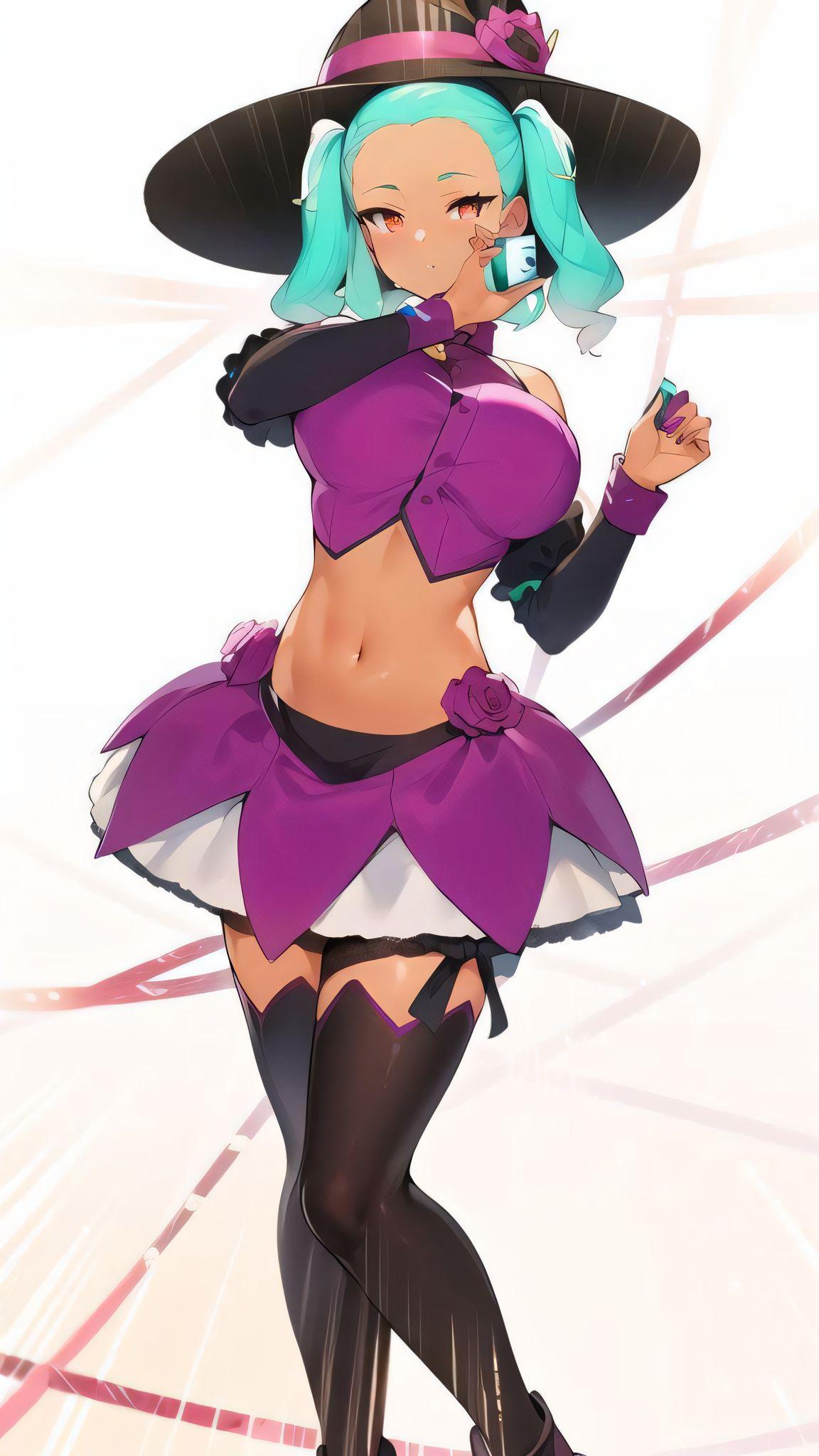 Anime 1152x2048 Ruby RoseHeart original characters witch big boobs thick thigh witch hat blue hair purple eyes tight clothing curvy thigh high socks AI art simple background twintails white background skirt looking at viewer slim body belly frills portrait display standing skinny bare shoulders detached sleeves