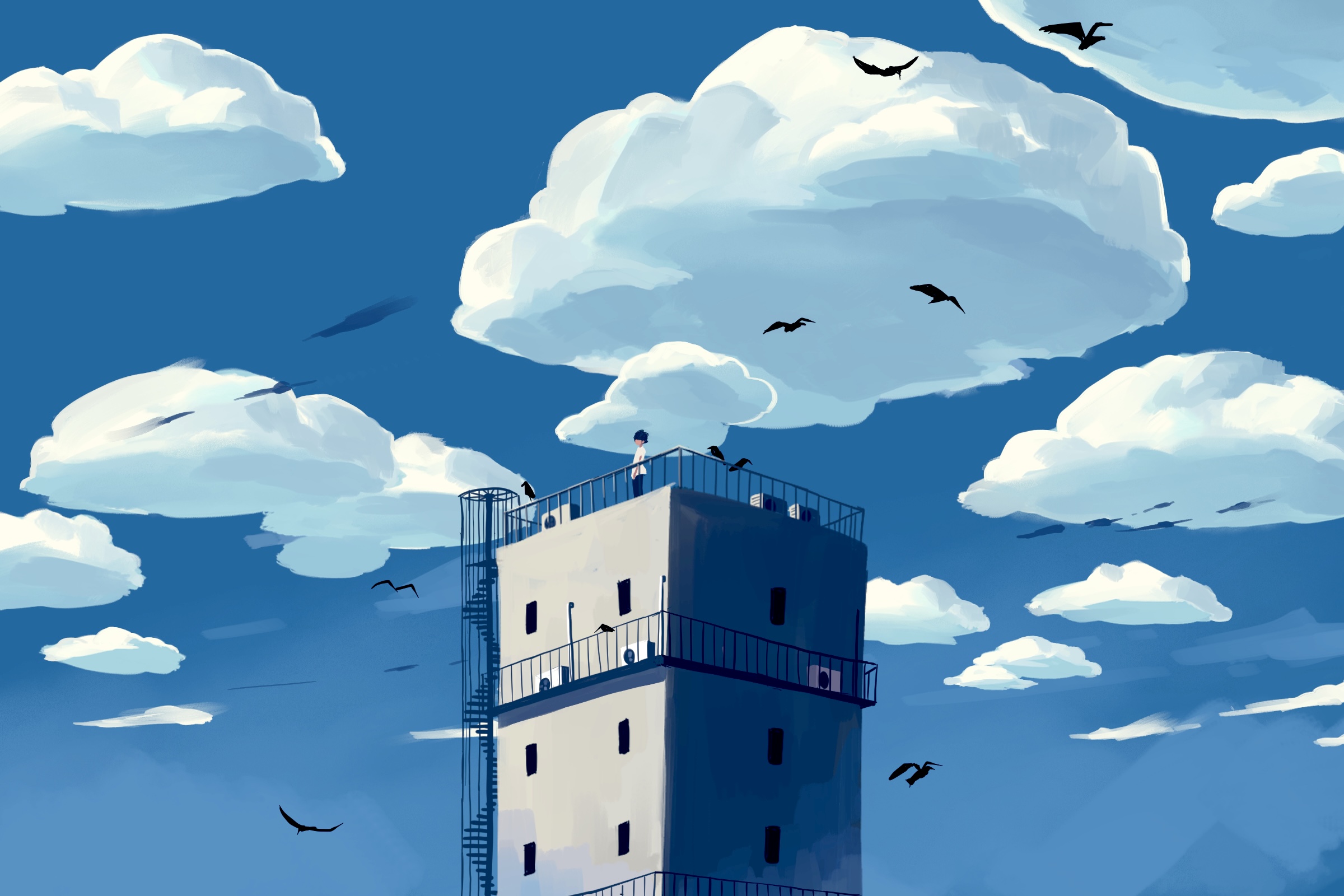 General 2400x1600 Taizo digital art artwork illustration clouds sky birds animals building blue standing wind