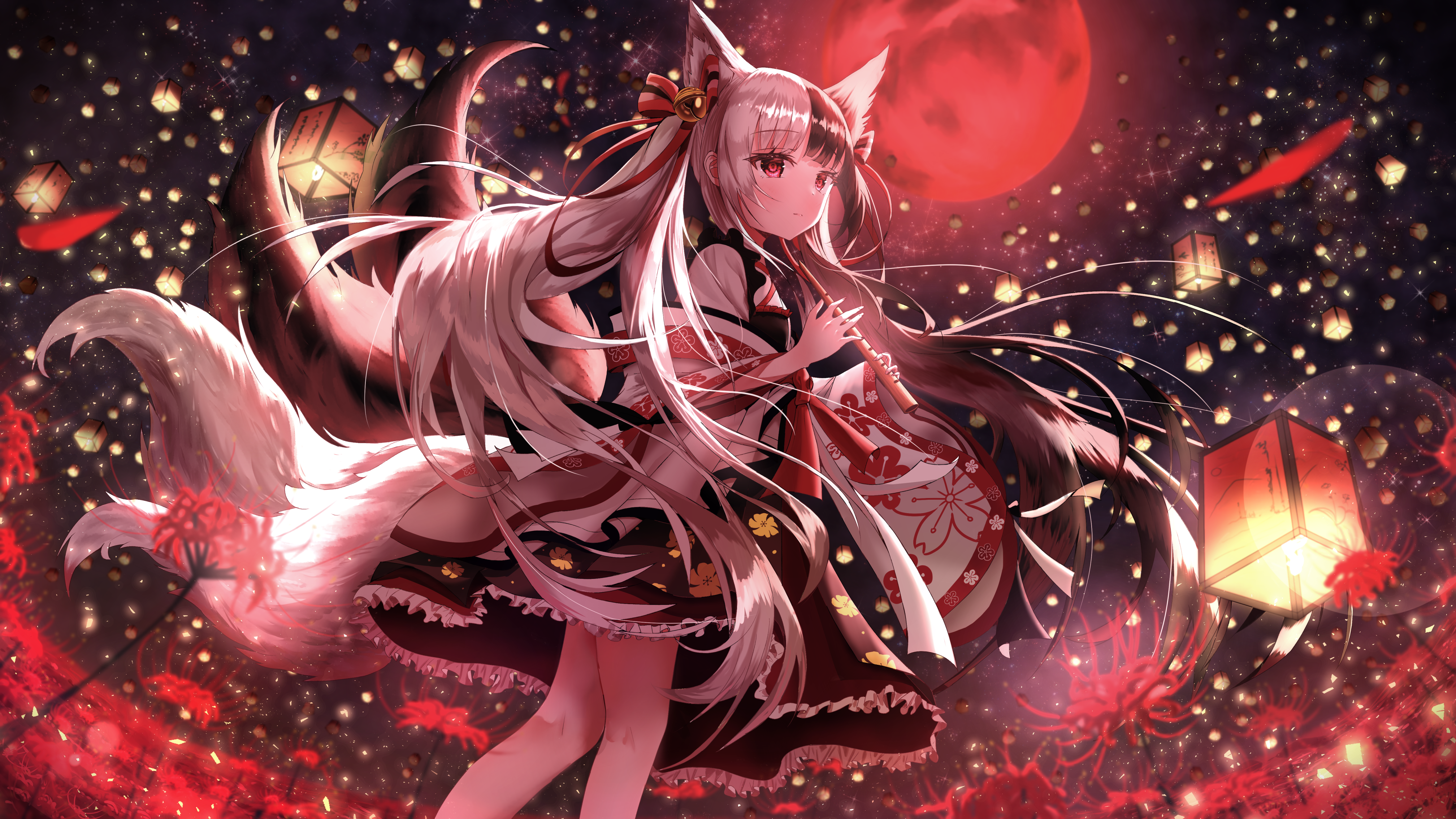Anime 4032x2268 anime anime girls Virtual Youtuber fox ears Alice Mana fox girl fox tail looking at viewer indie virtual youtuber frills two tone hair lantern musical instrument flute hair ornament bells flowers red moon full moon frill dress Moon moonlight twintails long hair standing Japanese clothes kimono wide sleeves long sleeves sky lanterns