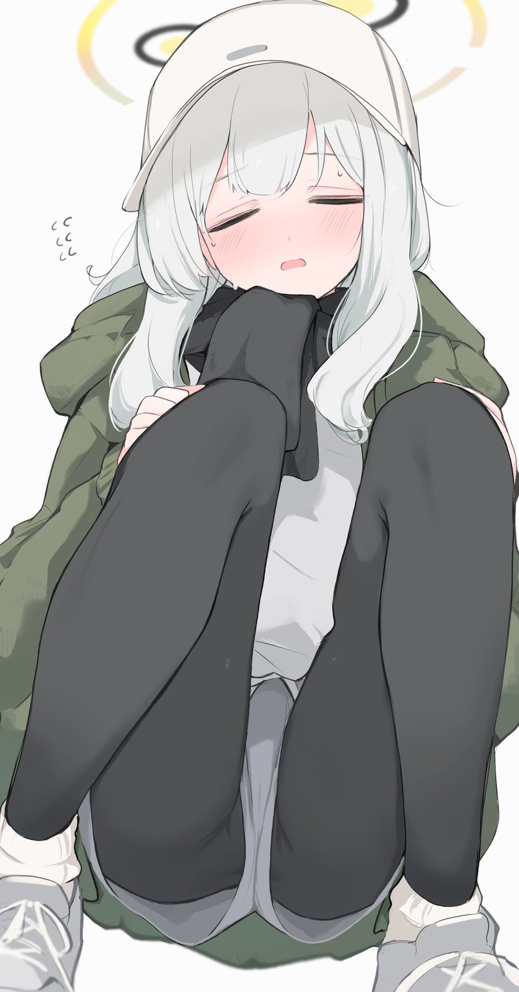 Anime 1020x1950 anime anime girls Omagari Hare (Blue Archive) Mikojin Blue Archive portrait display long hair closed eyes open mouth blushing women with hats bent legs spread legs simple background hat sweatdrop white hair scarf white socks socks white background pantyhose black pantyhose shorts shoes jacket squatting black scarf green jacket