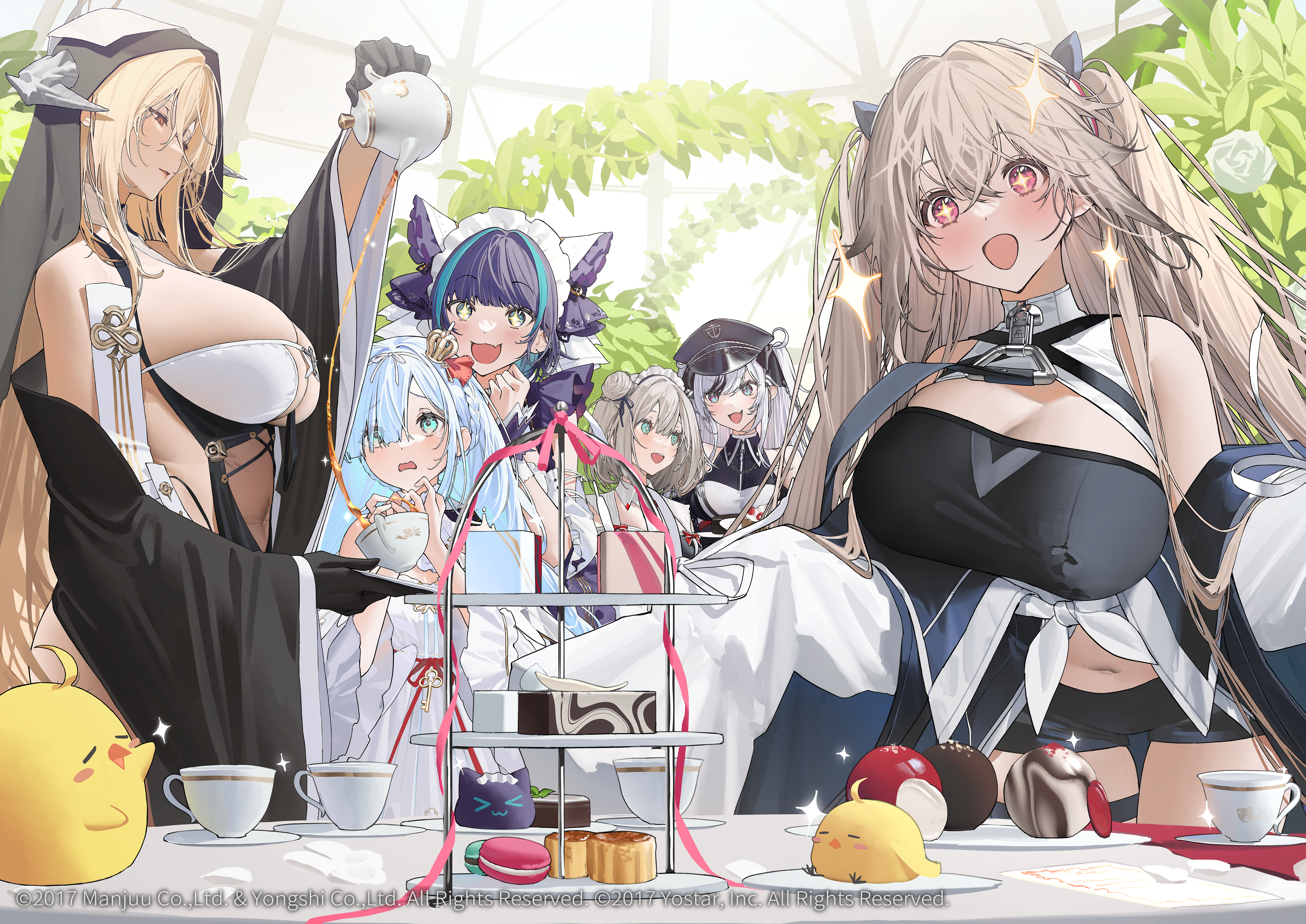 Anime 4000x2830 Azur Lane group of women Anchorage (Azur Lane) tea Cheshire (Azur Lane) food Elbe (Azur Lane) long hair Implacable(Azur Lane) sky Janus (Azur Lane) cleavage Manchester (Azur Lane) Manjuu (Azur Lane) crown looking at viewer sideboob huge breasts open mouth cleavage cutout twintails hair ornament tea party two tone hair macarons headdress long sleeves Kaoruko (artist) leaves white flowers blushing hairbun black gloves watermarked smiling dress frills cup anime girls one arm up pouring clothing cutout animal ears pink ribbon 2017 (Year) star eyes hair between eyes drink