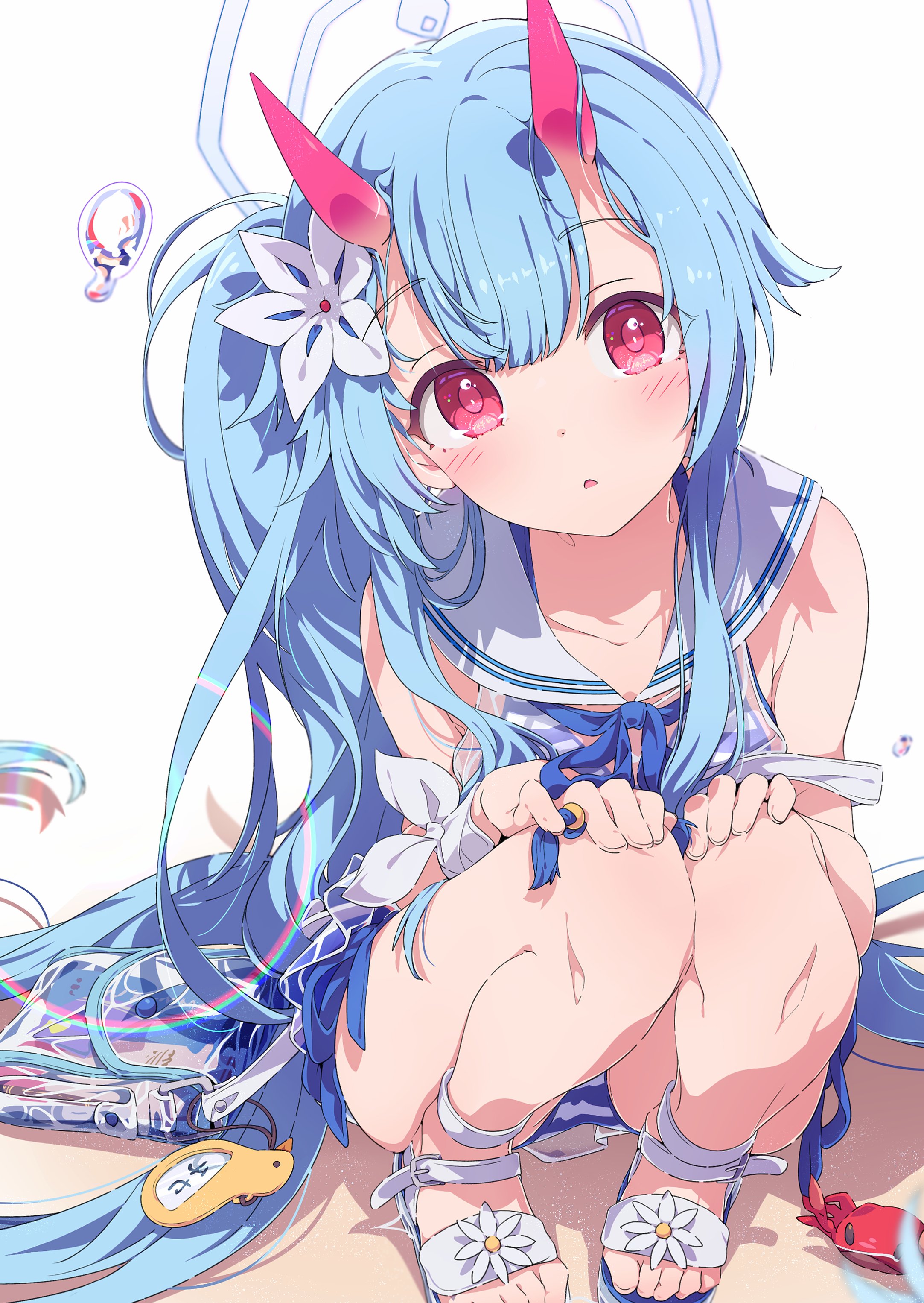 Anime 2165x3051 anime anime girls Blue Archive loli Waraku Chise Ogipote portrait display bent legs hands on knees long hair looking at viewer blushing blue hair hair between eyes flowers bare shoulders open mouth horns swimwear collarbone pink eyes flower in hair crabs