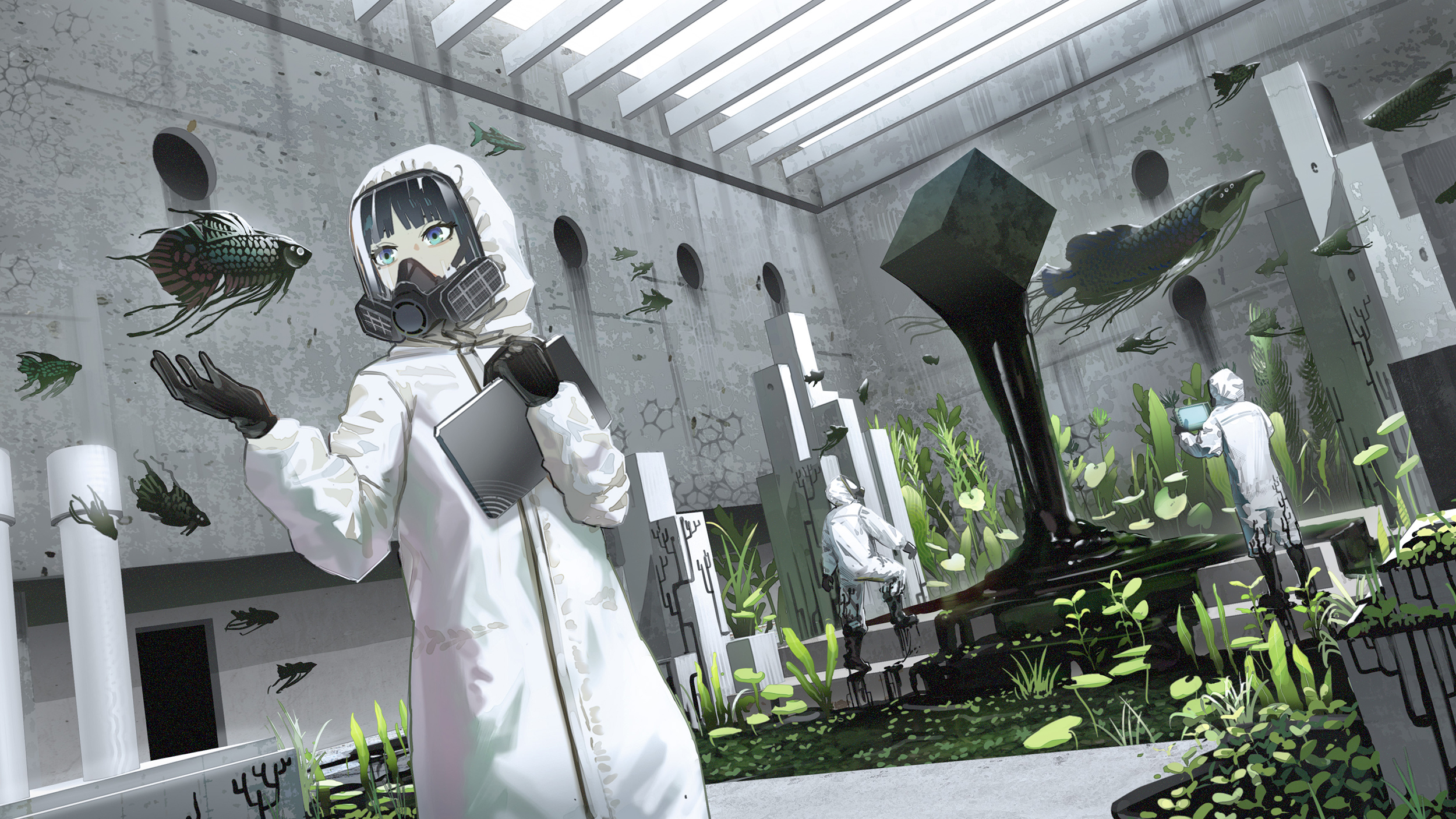Anime 2500x1406 fish fantasy architecture anime girls protective suit black hair tablet  anime looking away arms reaching standing hirokima animals cube plants leaves gas masks blue eyes hazmat suits gloves black gloves scenery