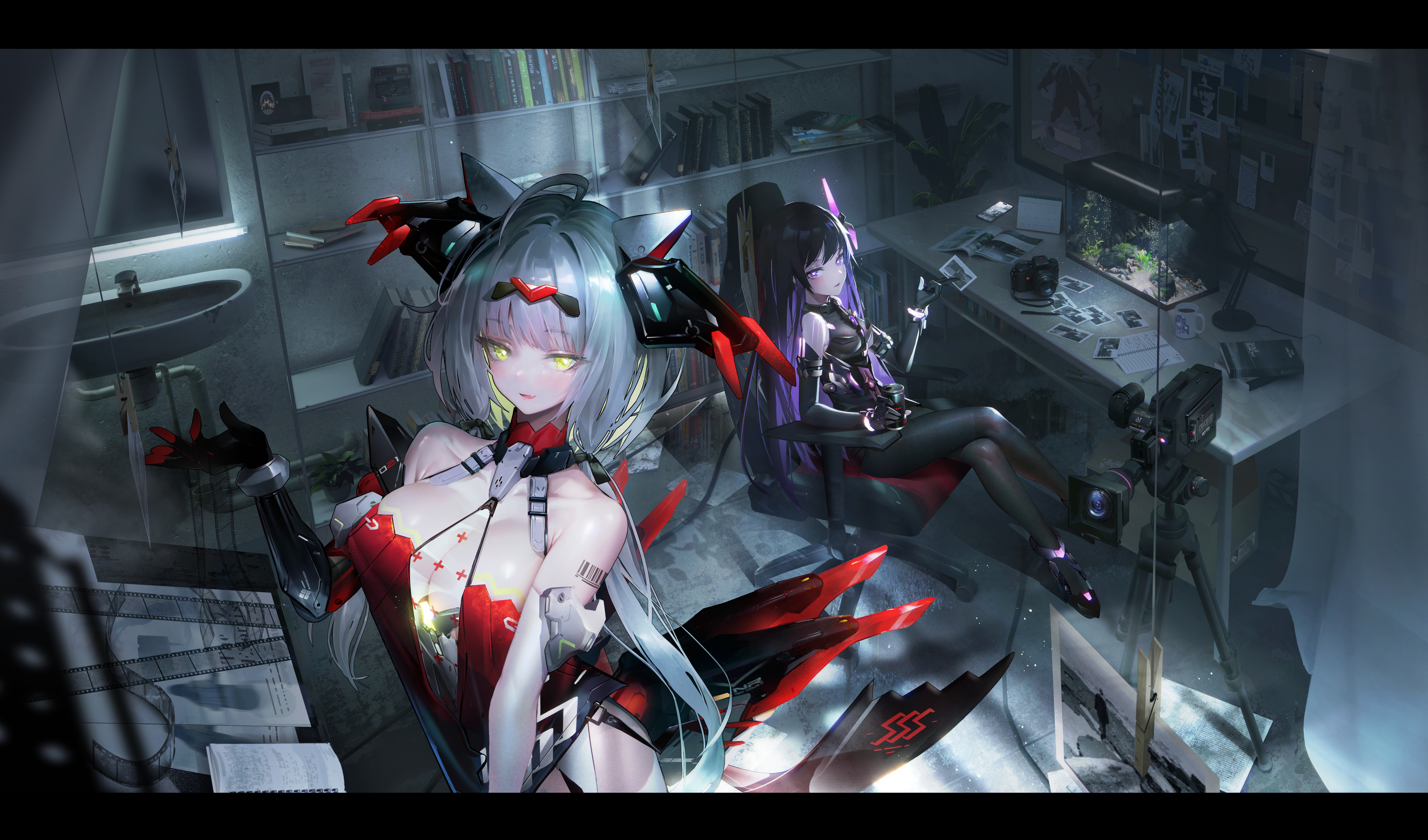 Anime 6165x3628 anime anime girls Cross Core Zer z2 video game girls sitting video games collarbone bare shoulders barcode looking at viewer standing parted lips camera indoors women indoors shelves books desk legs crossed drink cup coffee picture fish animals phone calendar plants big boobs cleavage sink green eyes purple hair purple eyes hair ribbon gray hair