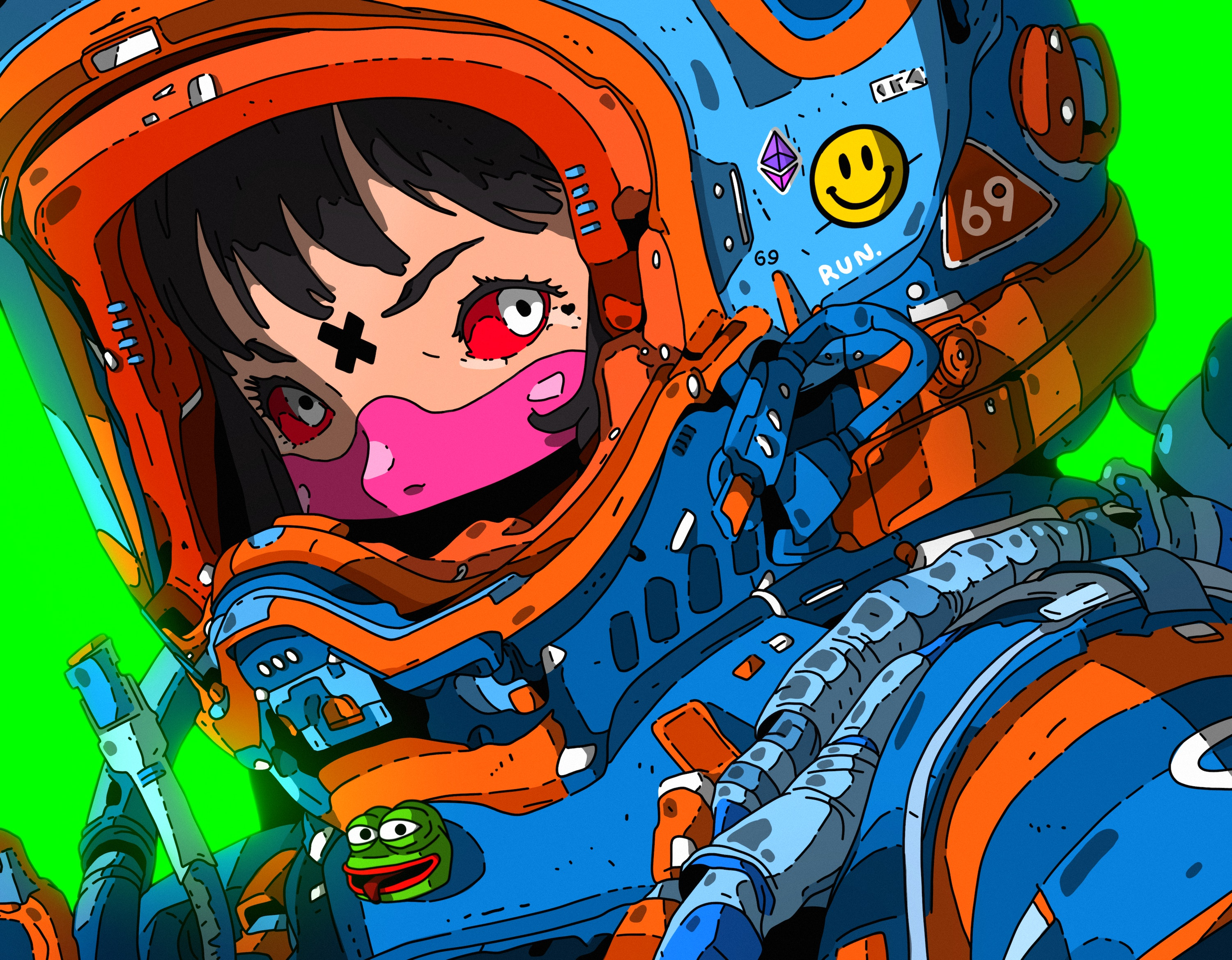 General 3000x2338 digital art artwork illustration women colorful helmet spacesuit stickers Pepe (meme) eyes smiley numbers