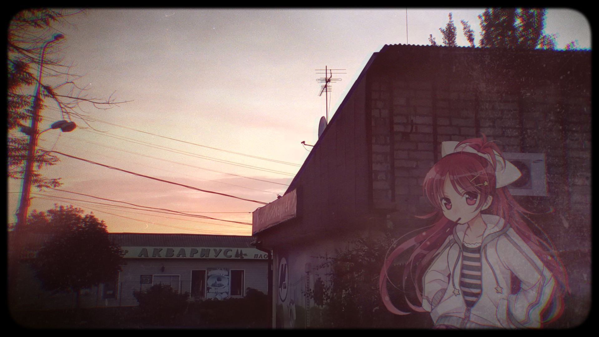 Anime 1920x1080 animeirl redhead sunset Sakura Kyouko anime girls long hair looking at viewer sky sunset glow building clouds jacket ponytail hands in pockets