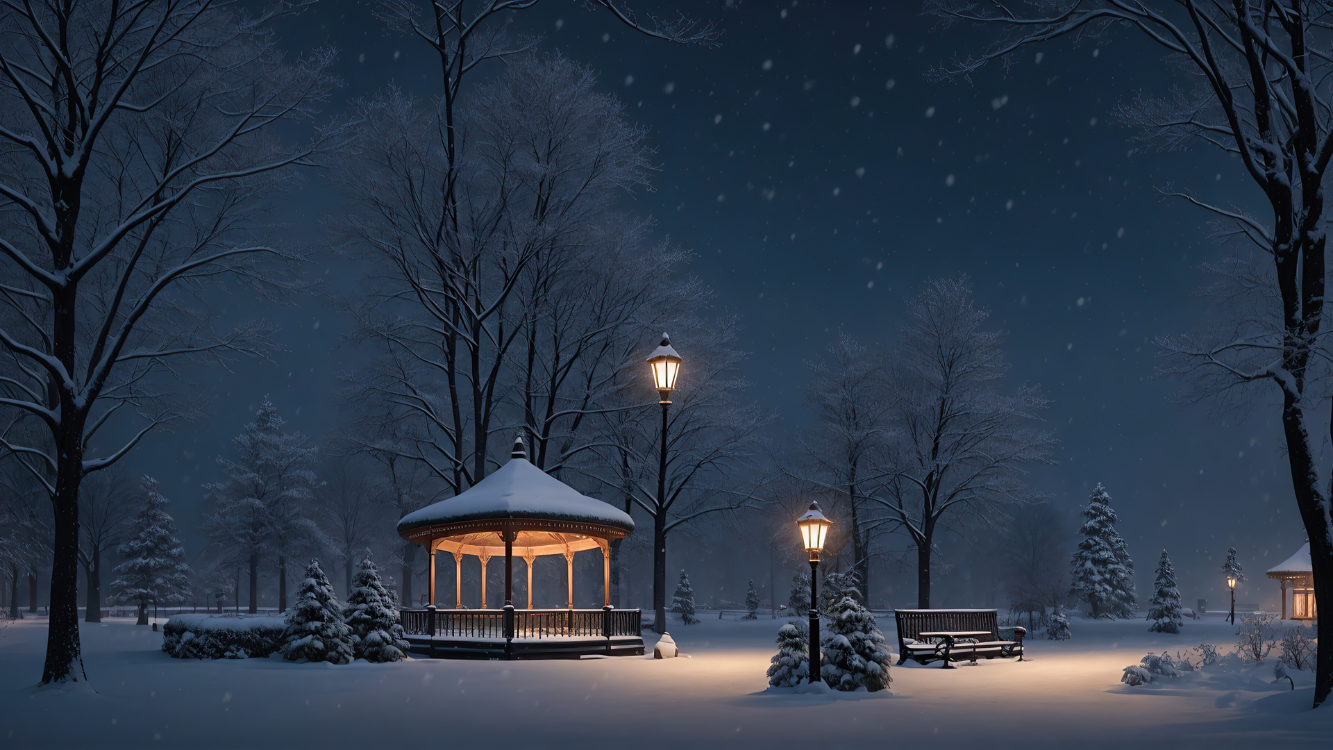 General 1920x1080 winter park snow trees dark AI art sky night landscape digital art snow covered bench lights