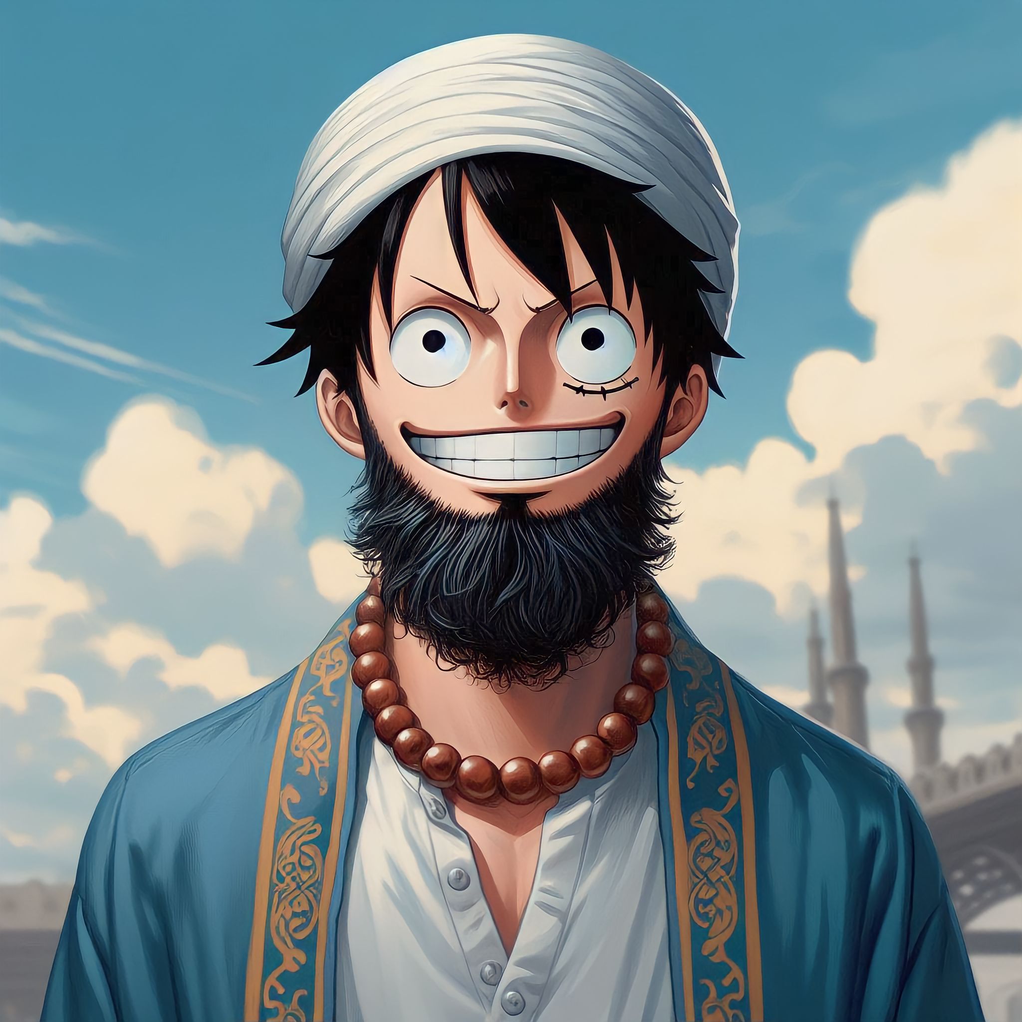 Anime 2048x2048 anime boys anime Monkey D. Luffy One Piece Muslim beard AI art smiling clouds sky scars beads teeth digital art black hair short hair