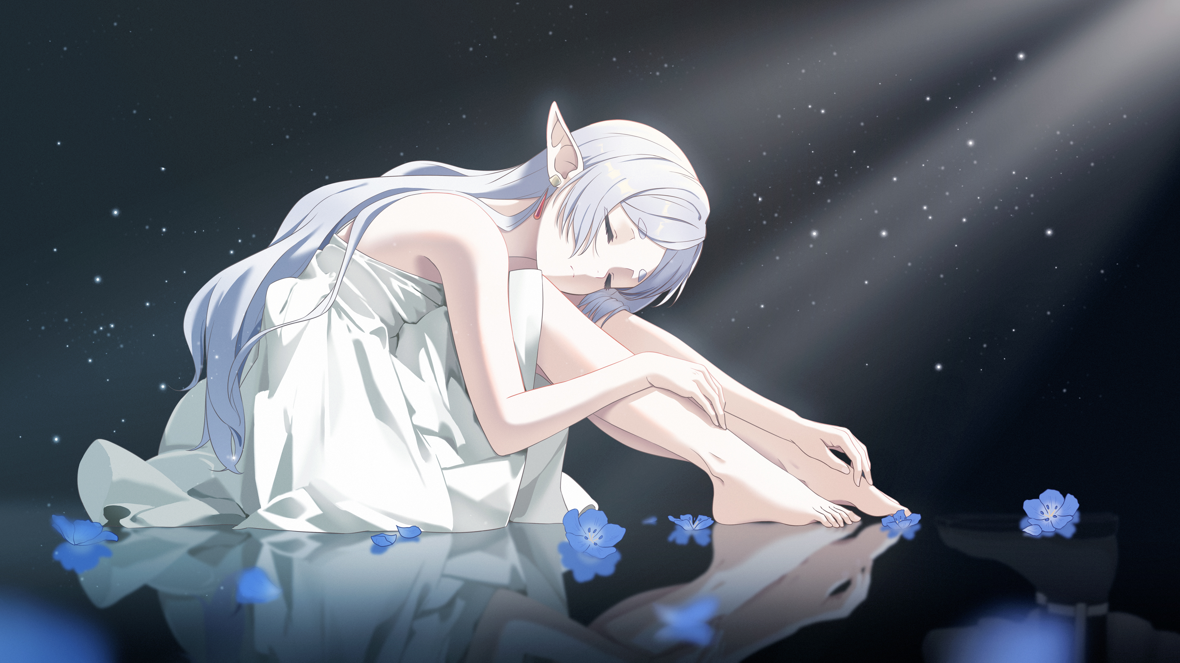 Anime 3840x2160 anime girls white hair sitting Sousou No Frieren Frieren closed eyes long hair white dress reflection bare shoulders flowers pointy ears touching feet feet floating particles dress stars Mao Shi Shisan elves simple background anime pointed toes sleeping barefoot